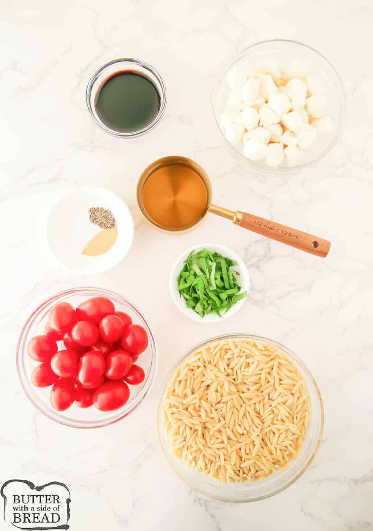 Ingredients in Caprese Orzo Salad. 