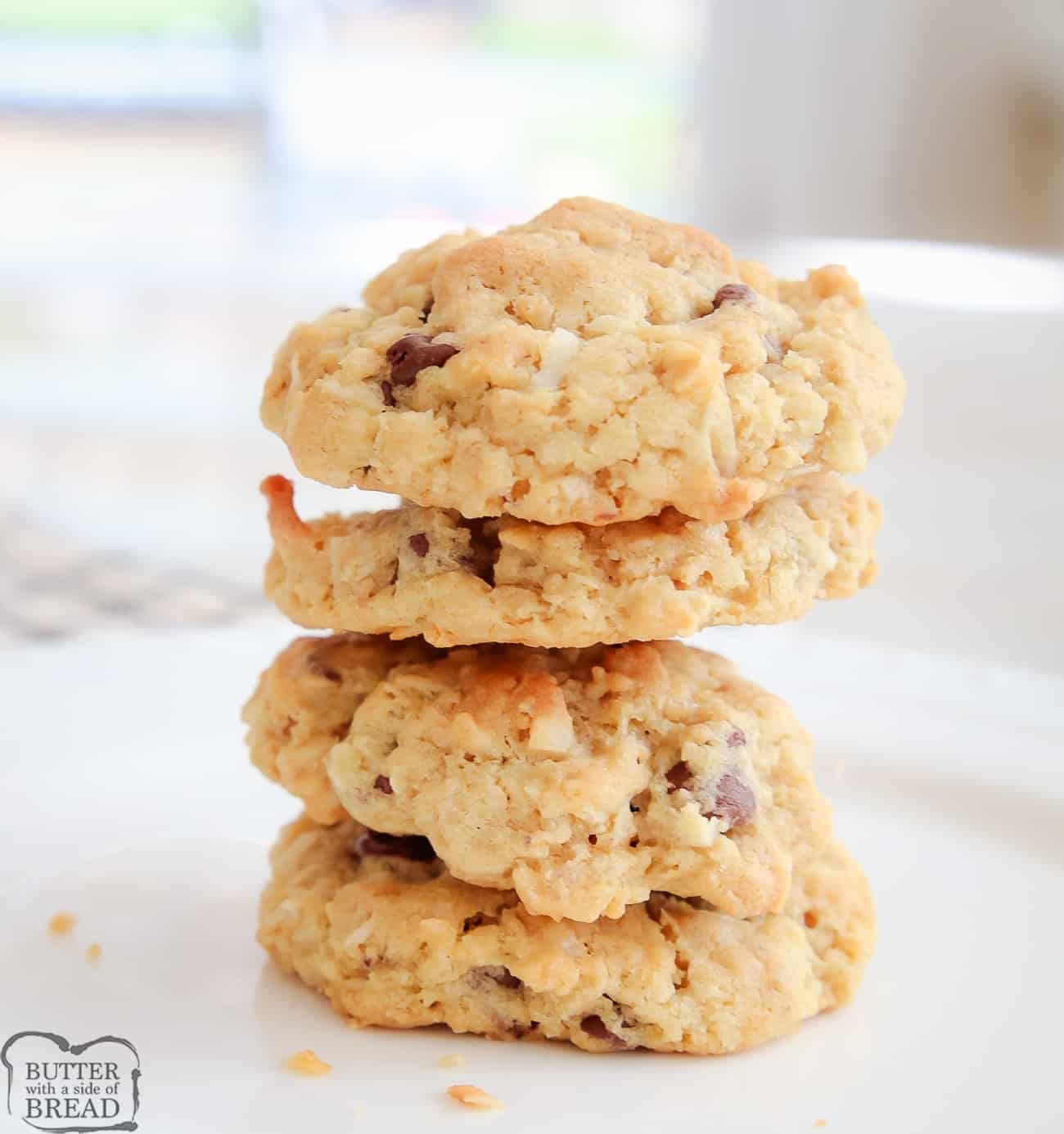 stack of ranger cookies with rice krispies, coconut and oats