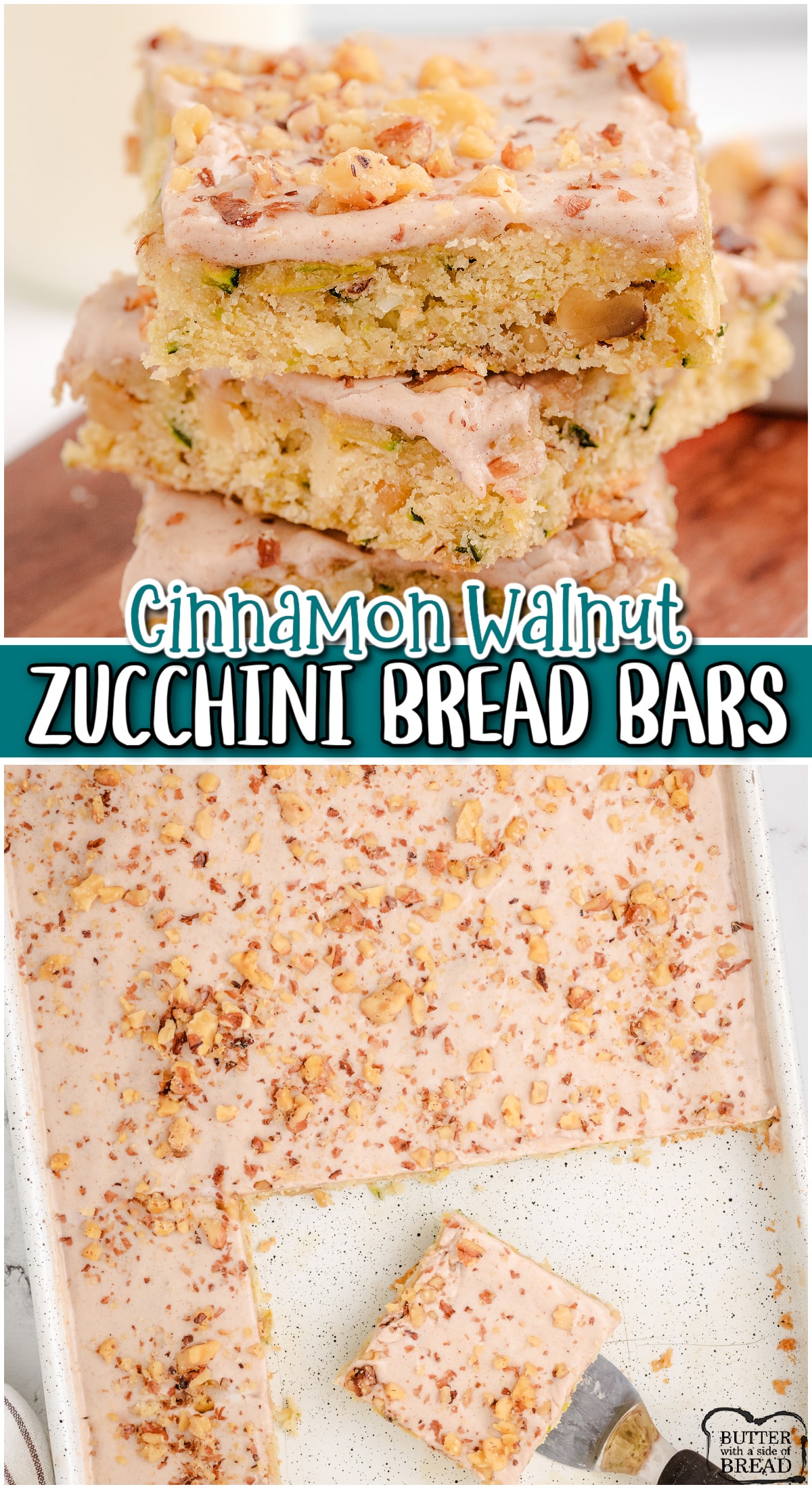 Cinnamon Walnut Zucchini Bread Bars are soft spiced dessert bars topped with a sweet buttery icing and chopped walnuts! Delightful zucchini bars everyone loves!