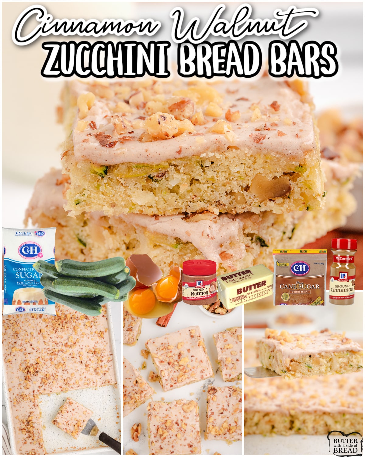 Cinnamon Walnut Zucchini Bread Bars are soft spiced dessert bars topped with a sweet buttery icing and chopped walnuts! Delightful zucchini bars everyone loves!