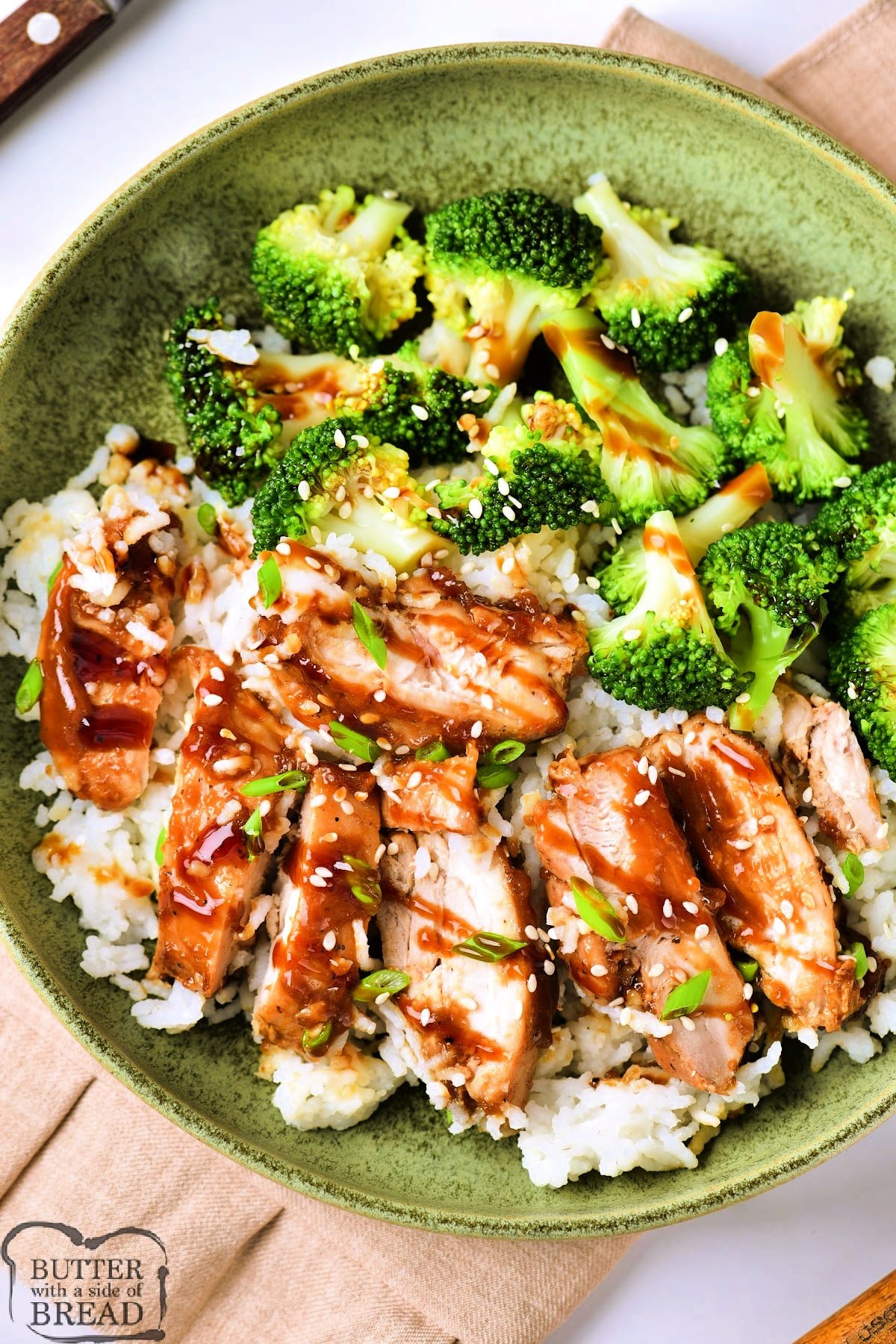 Serving of teriyaki chicken with rice and broccoli. 