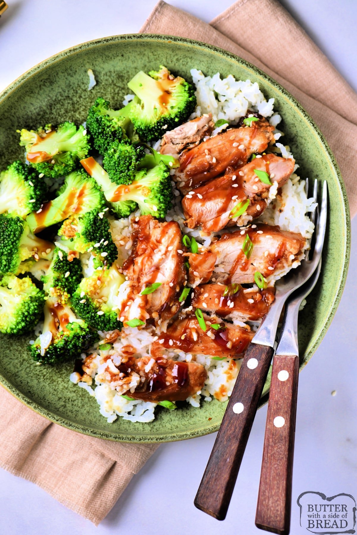 Teriyaki chicken with rice and broccoli.