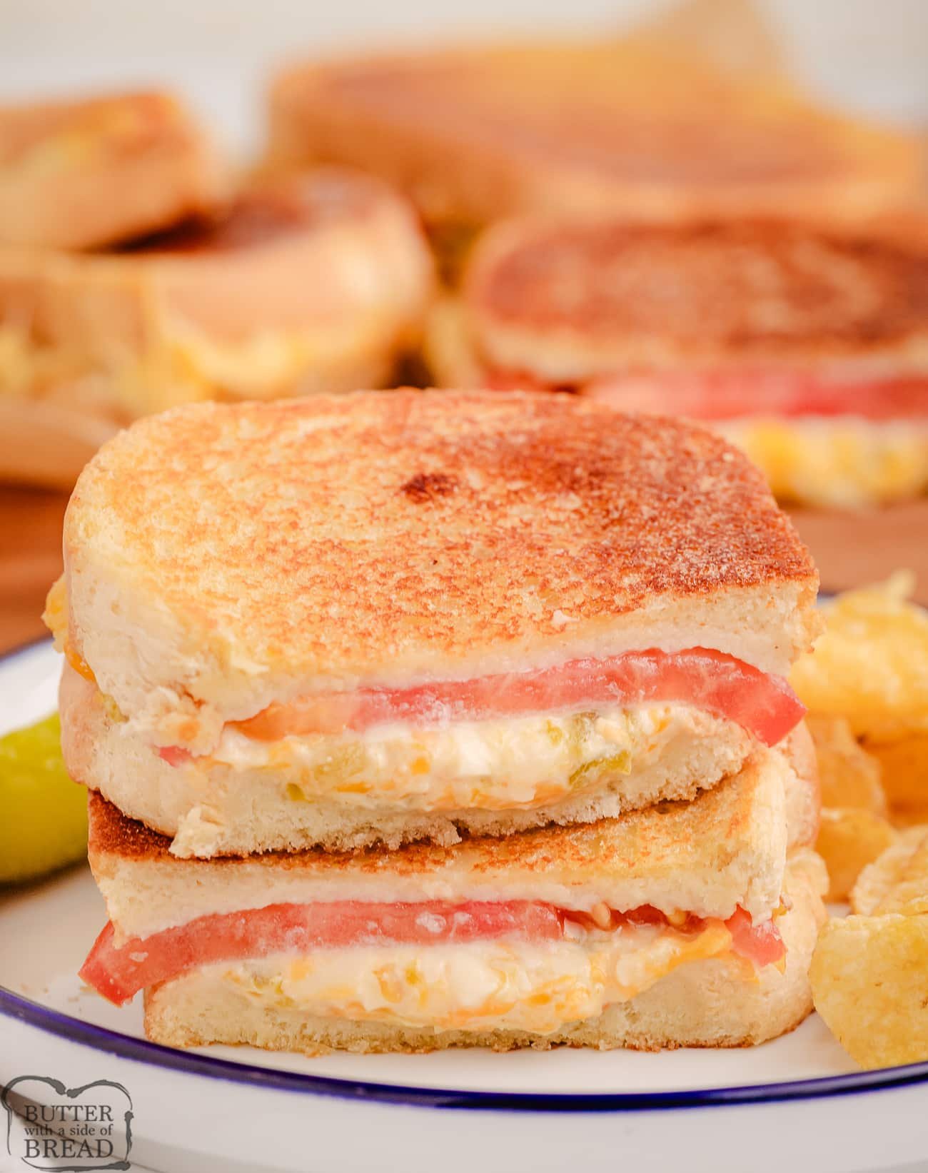 green chile grilled cheese sandwiches cut in half