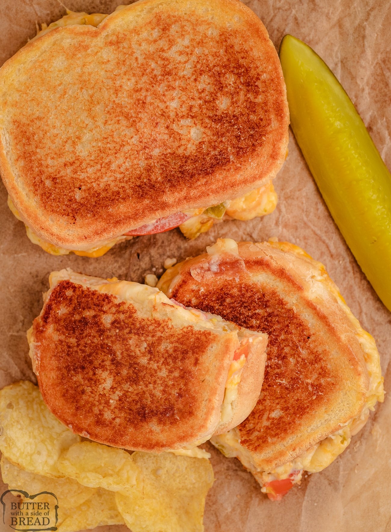 3 cheese grilled cheese sandwiches with tomatoes and green chiles