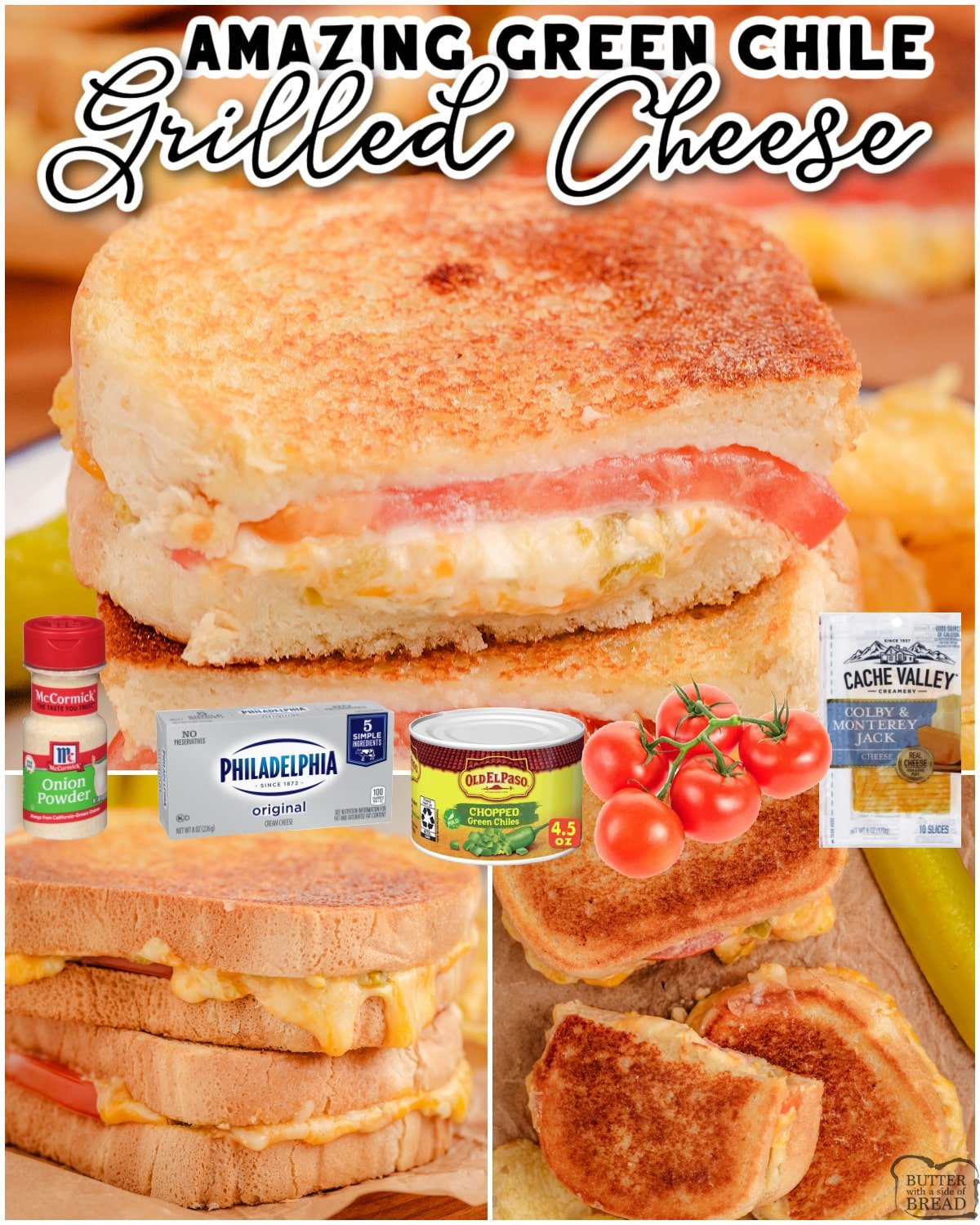 Green Chile Grilled Cheese sandwiches are a bold, flavorful take on a classic! This gourmet grilled cheese has 3 types of cheeses + tomatoes & green chiles of course! 