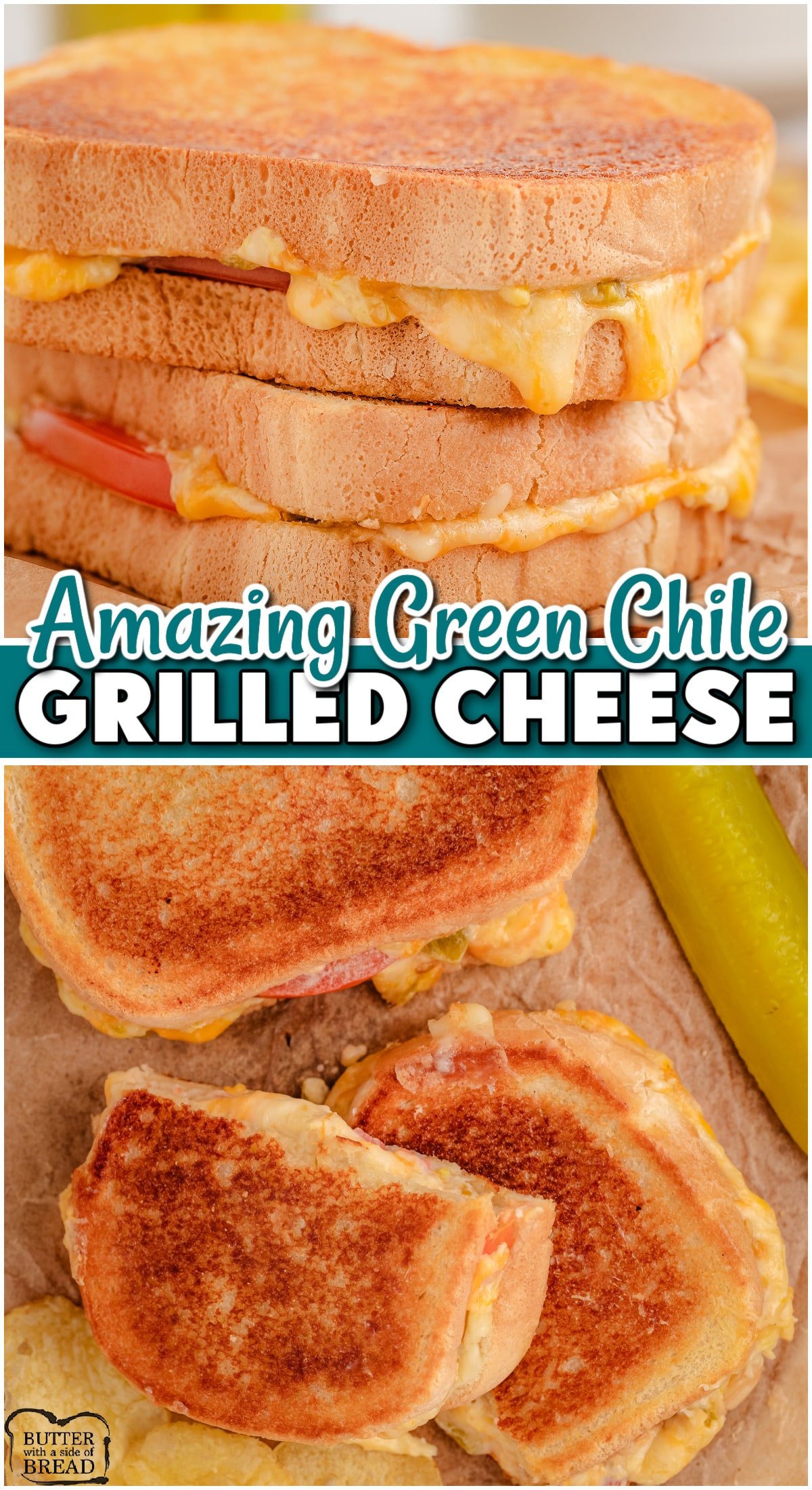 Green Chile Grilled Cheese sandwiches are a bold, flavorful take on a classic! This gourmet grilled cheese has 3 types of cheeses + tomatoes & green chiles of course! 