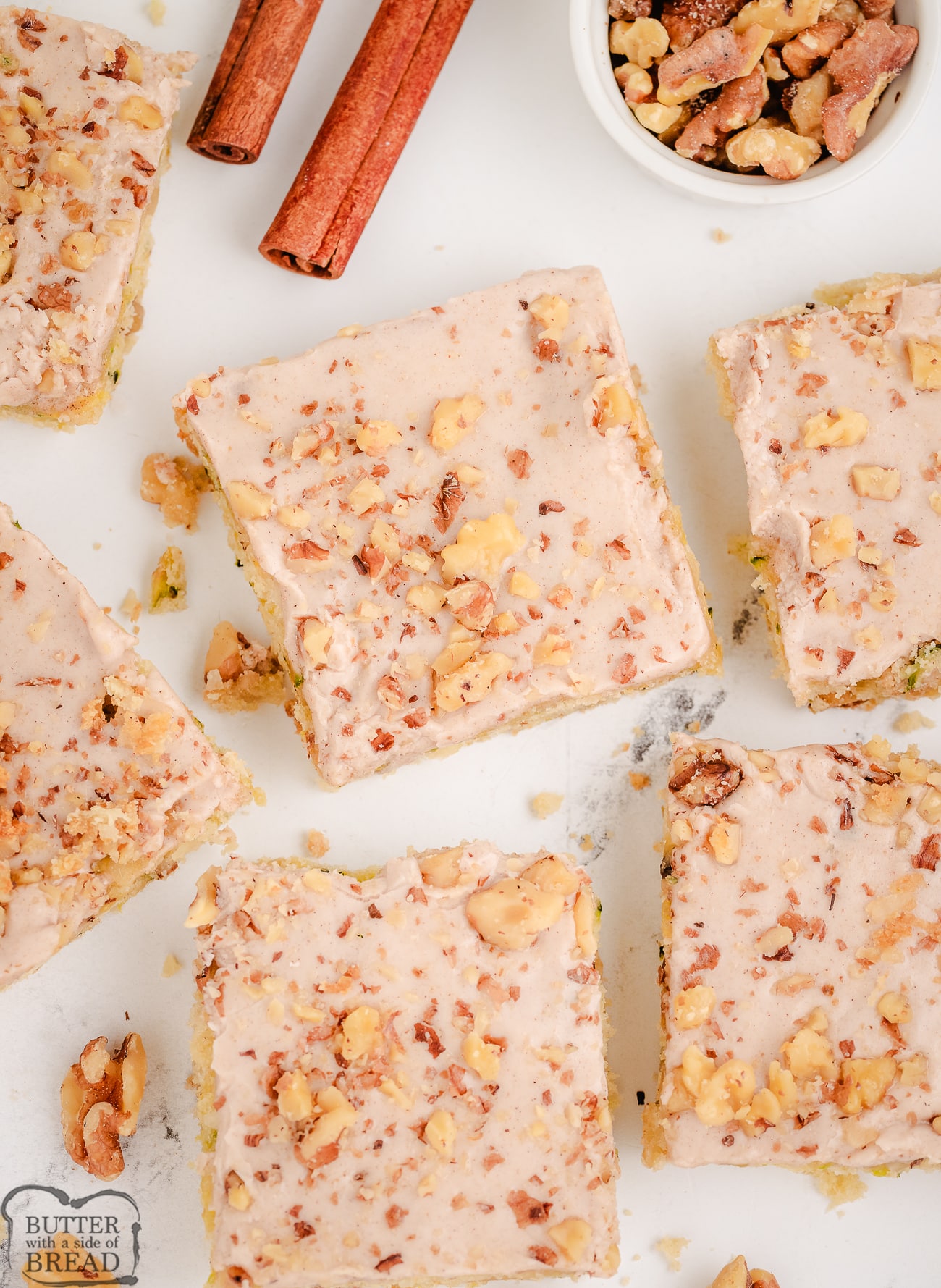 cinnamon walnut zucchini bread bars cut into squares