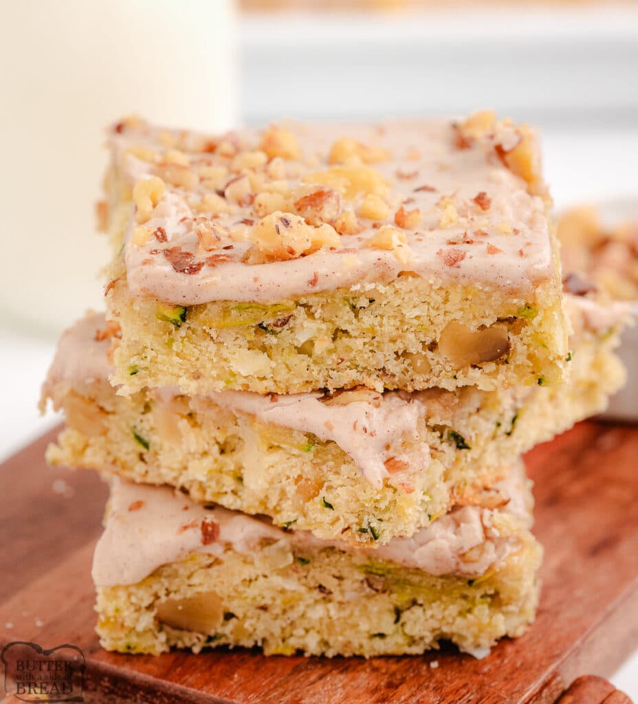 cinnamon walnut zucchini bread bars in a stack