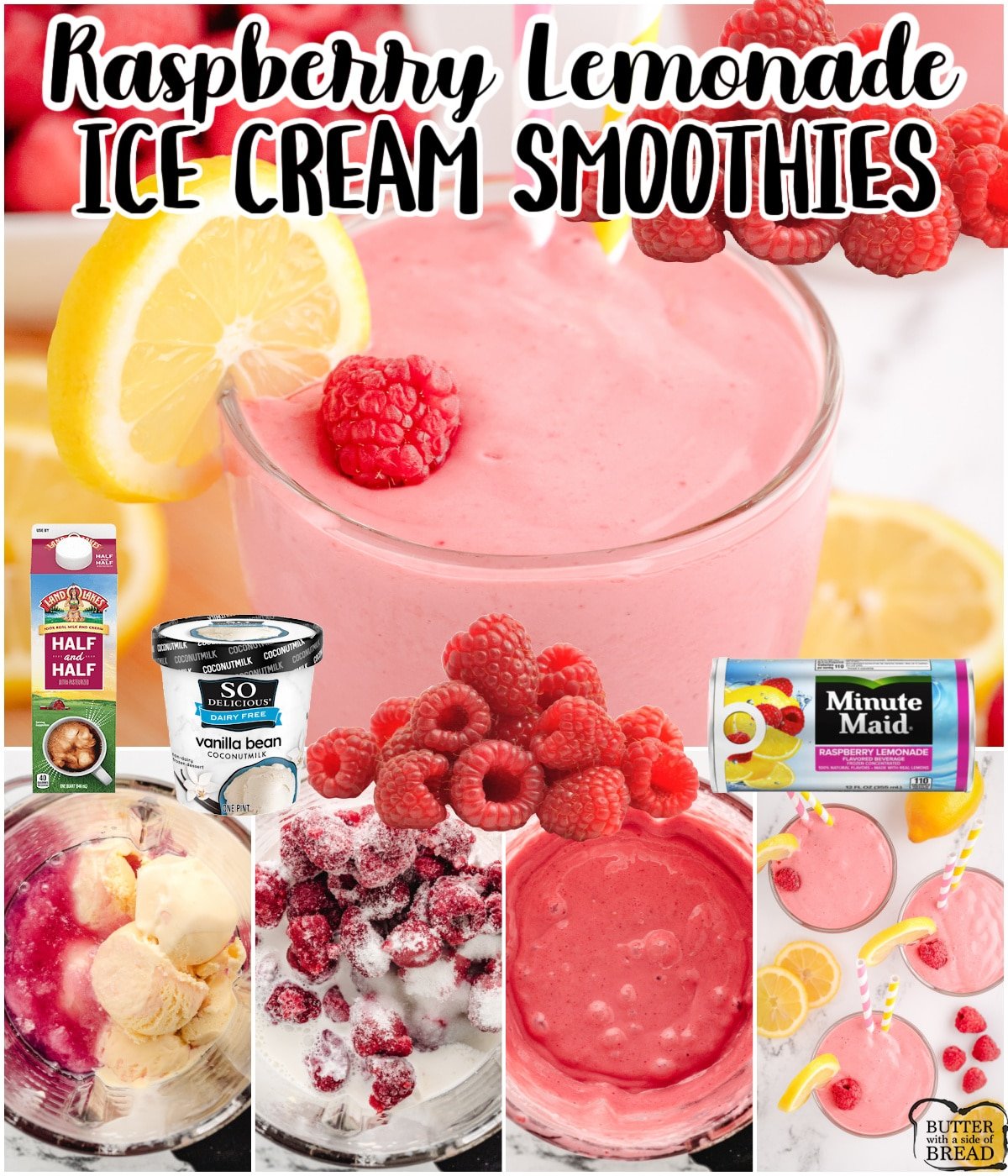 Raspberry Lemonade Ice Cream Smoothies are refreshing drinks made with raspberry lemonade concentrate, half & half, frozen raspberries & vanilla ice cream!