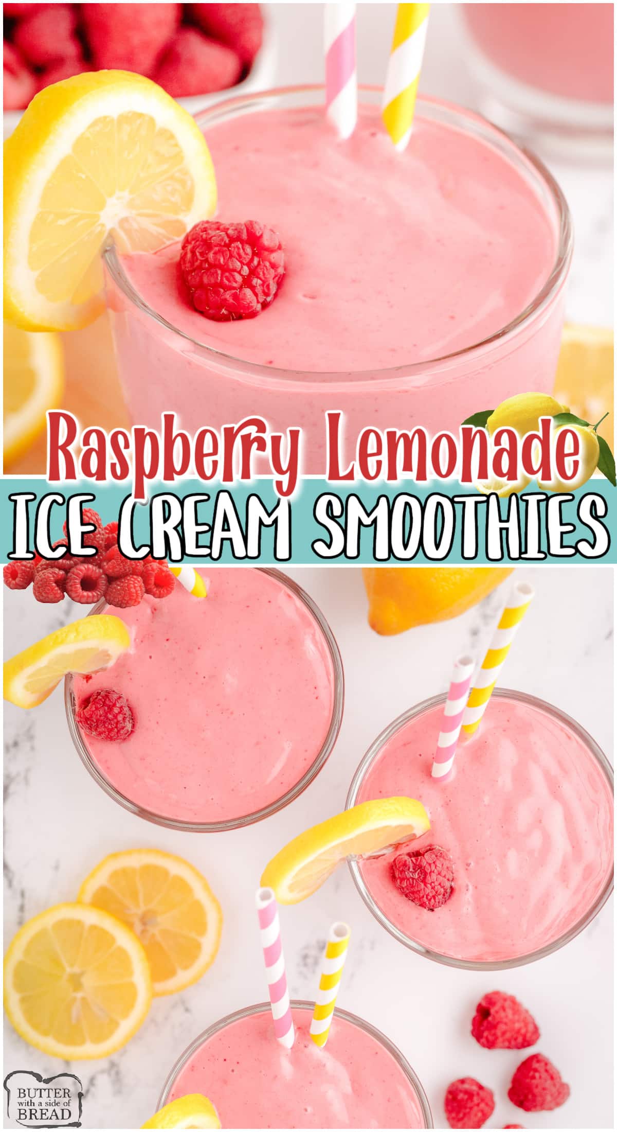 Raspberry Lemonade Ice Cream Smoothies are refreshing drinks made with raspberry lemonade concentrate, half & half, frozen raspberries & vanilla ice cream!