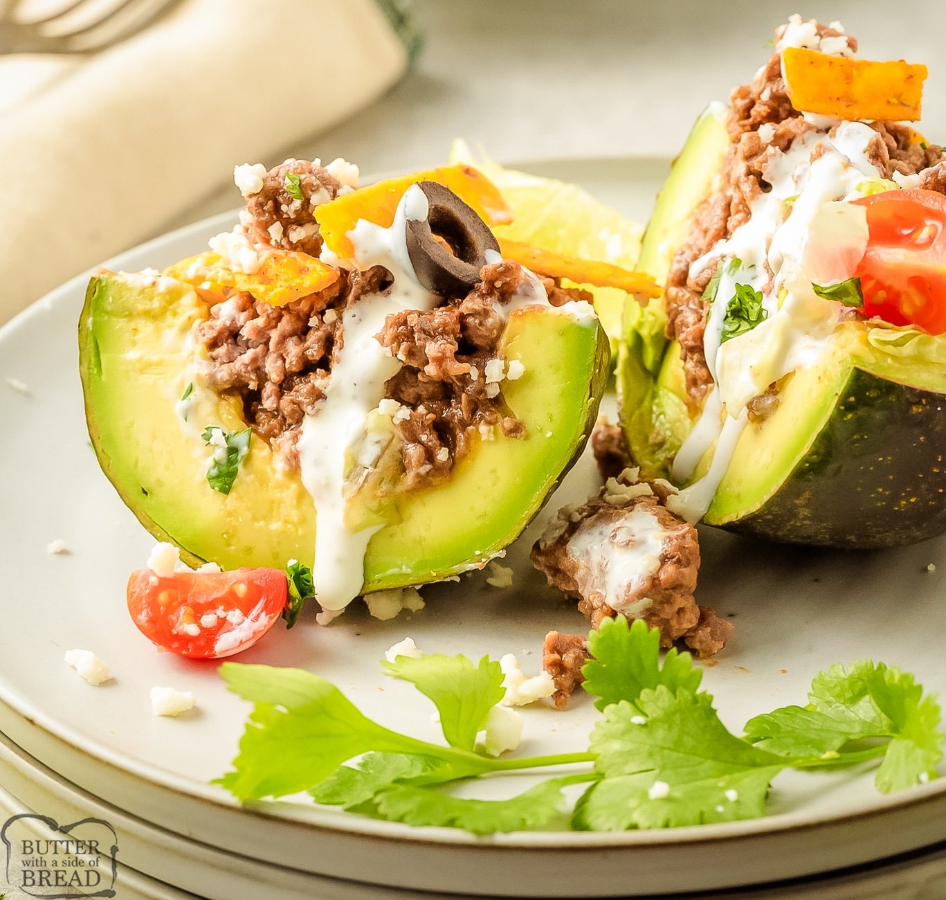 taco stuffed avocados sliced open