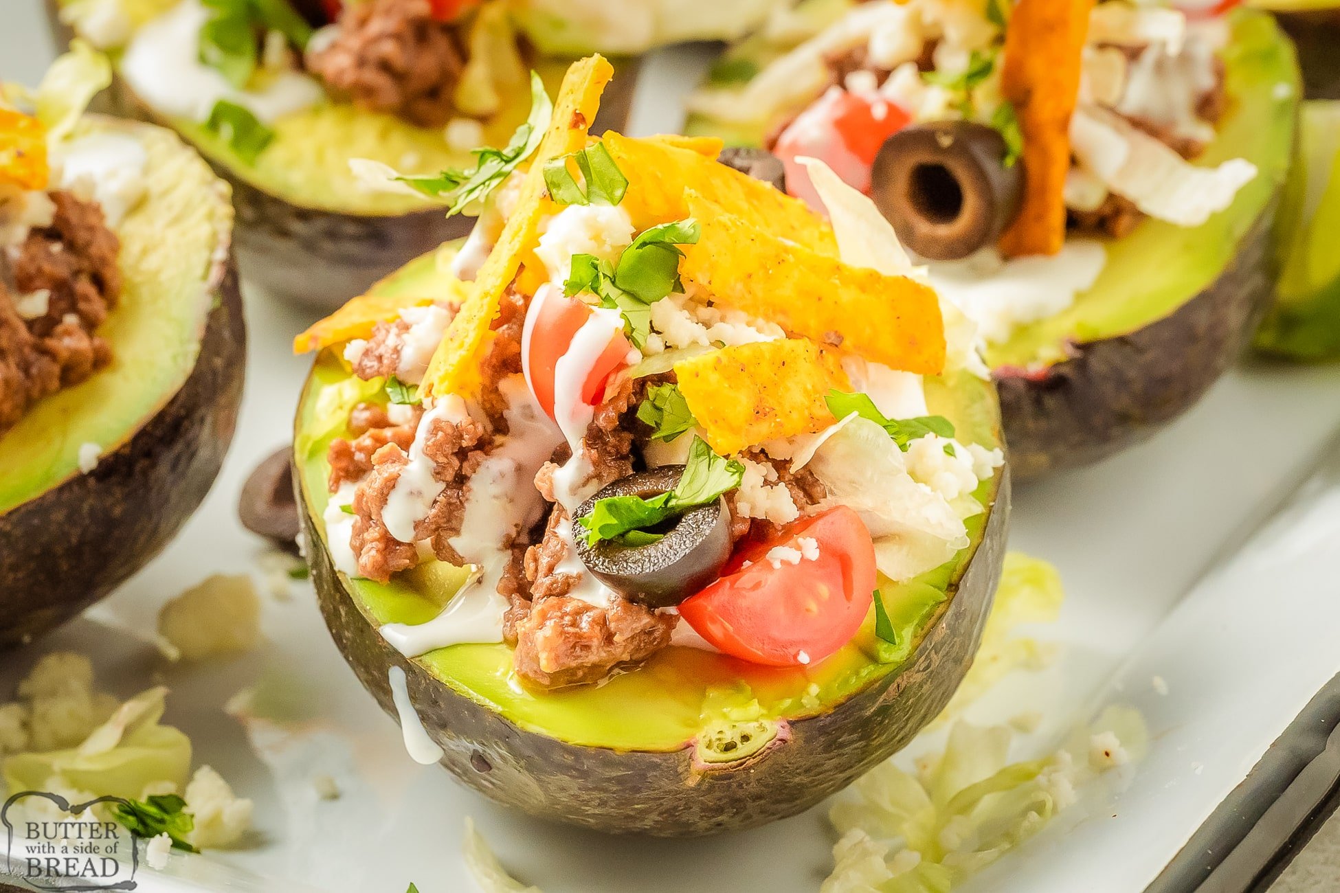 beef taco filling stuffed inside avocados