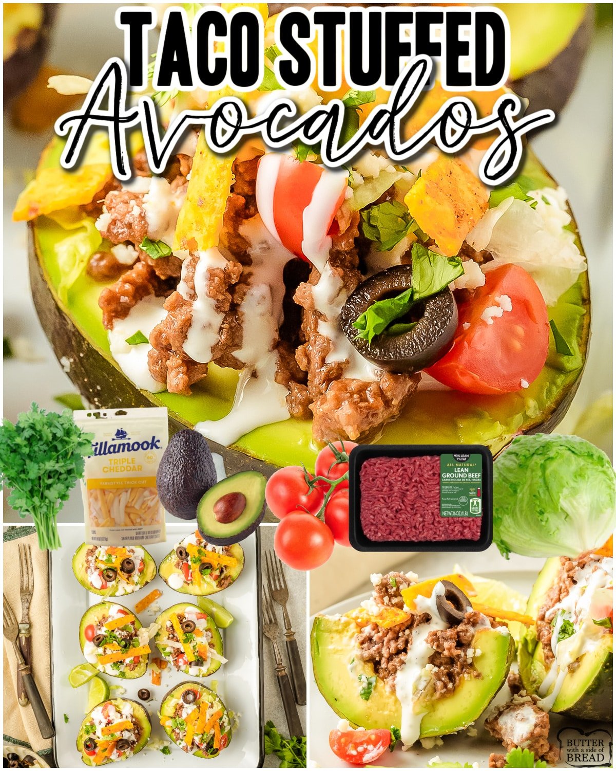 Taco Stuffed Avocados are delicious, low-carb, protein packed and are the perfect easy dinner idea! All your favorite taco flavors piled on fresh avocados; try them today!