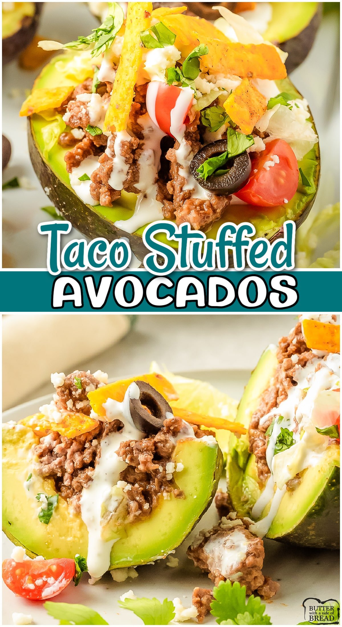 Taco Stuffed Avocados are delicious, low-carb, protein packed and are the perfect easy dinner idea! All your favorite taco flavors piled on fresh avocados; try them today!