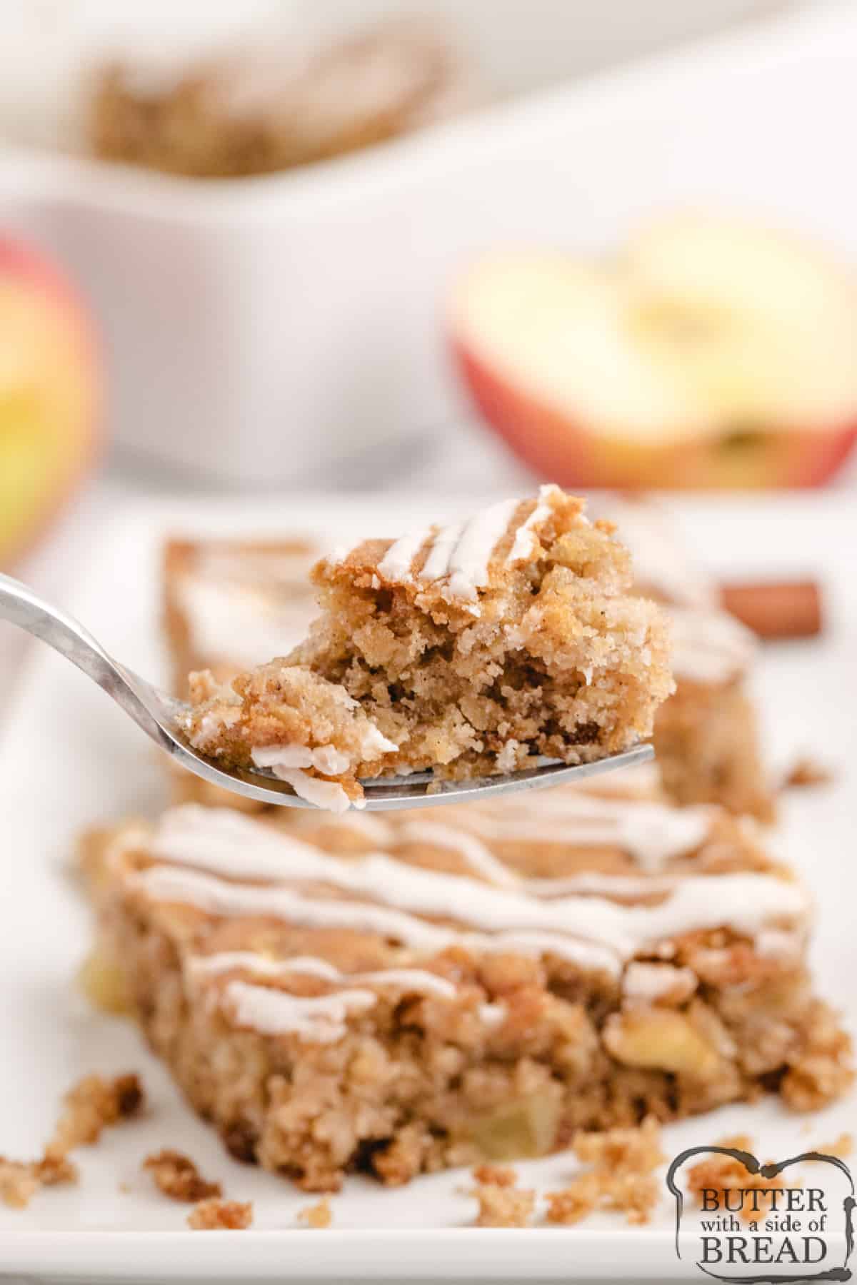 Apple Oatmeal Coffee Cake is made with cinnamon, diced apples, and a few other basic ingredients. A delicious cake that can be eaten for breakfast or dessert!