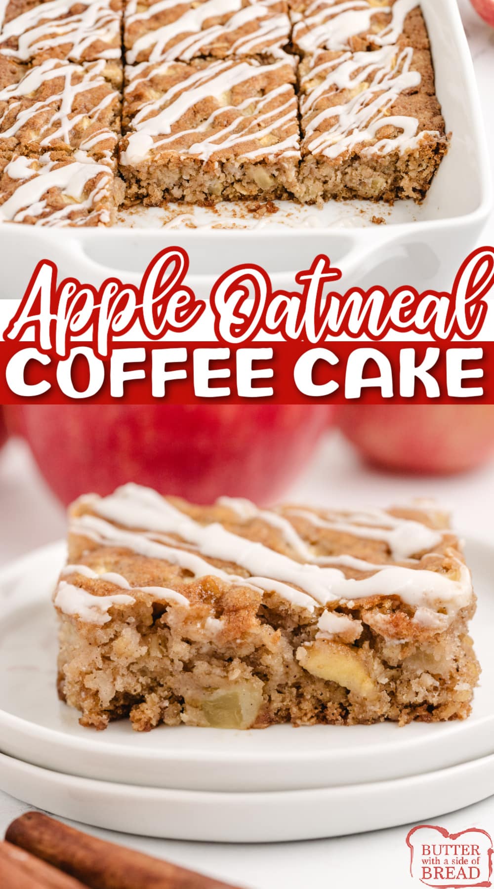 Apple Oatmeal Coffee Cake is made with cinnamon, diced apples, and a few other basic ingredients. A delicious cake that can be eaten for breakfast or dessert!