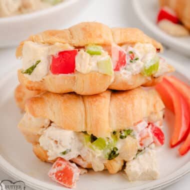 two croissants with basil chicken salad inside