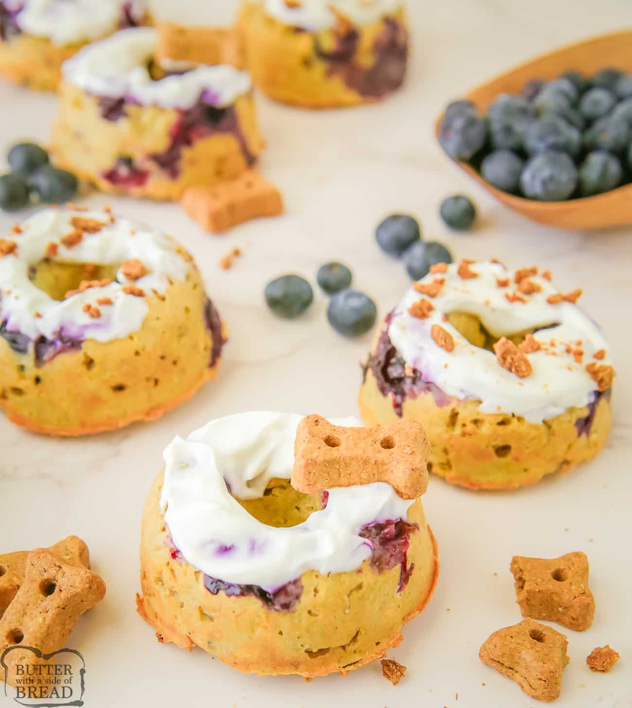 blueberry dog donuts topped with yogurt