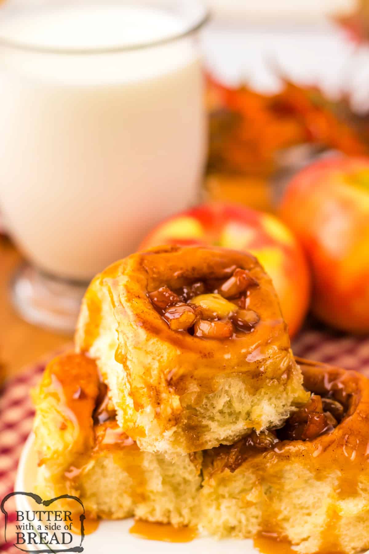 Caramel Apple Hawaiian Cinnamon Rolls are the perfect fall treat.  Sweet Hawaiian rolls are brushed with butter, cinnamon, and brown sugar before getting stuffed with a delicious caramel apple filling.  