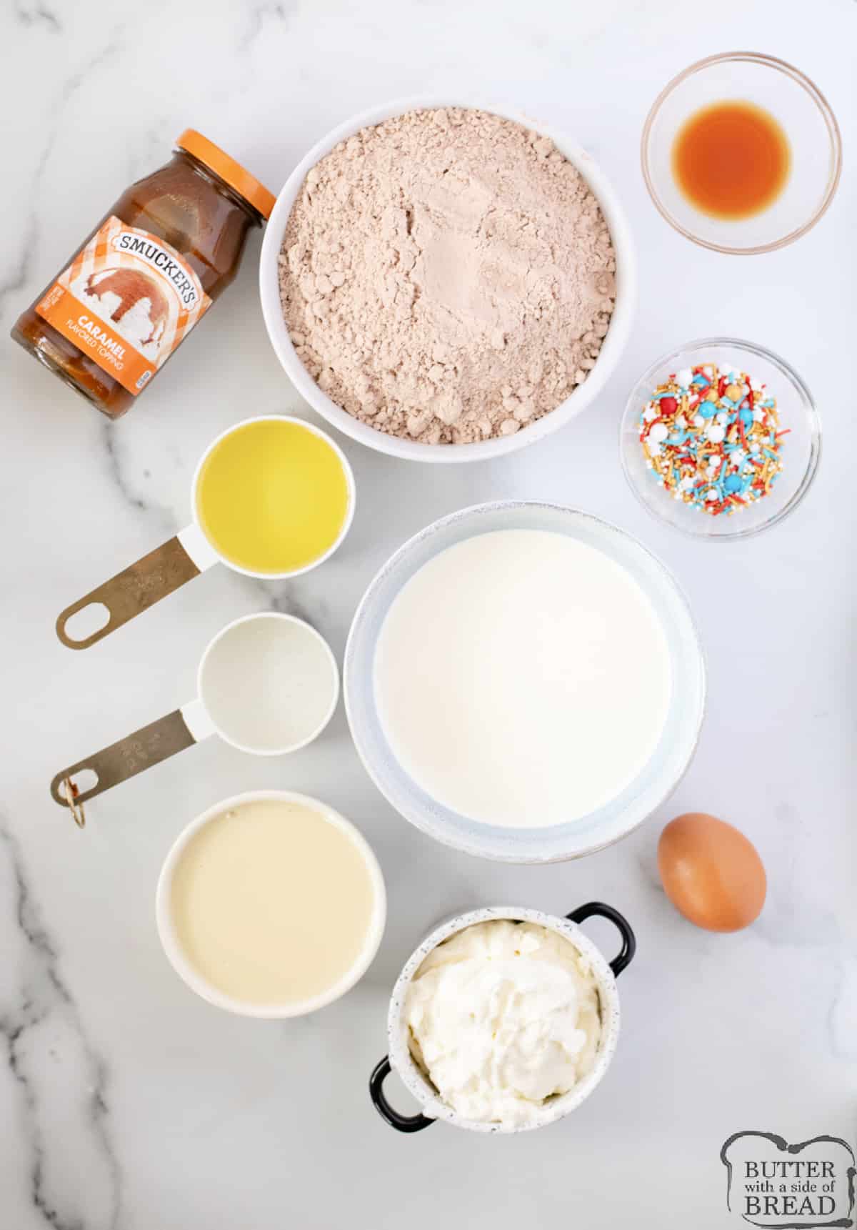 Ingredients in Caramel Brownie Ice Cream Cake. 