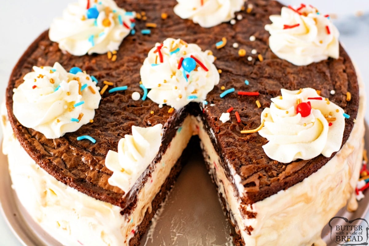 Ice cream cake made with brownies and homemade vanilla ice cream. 