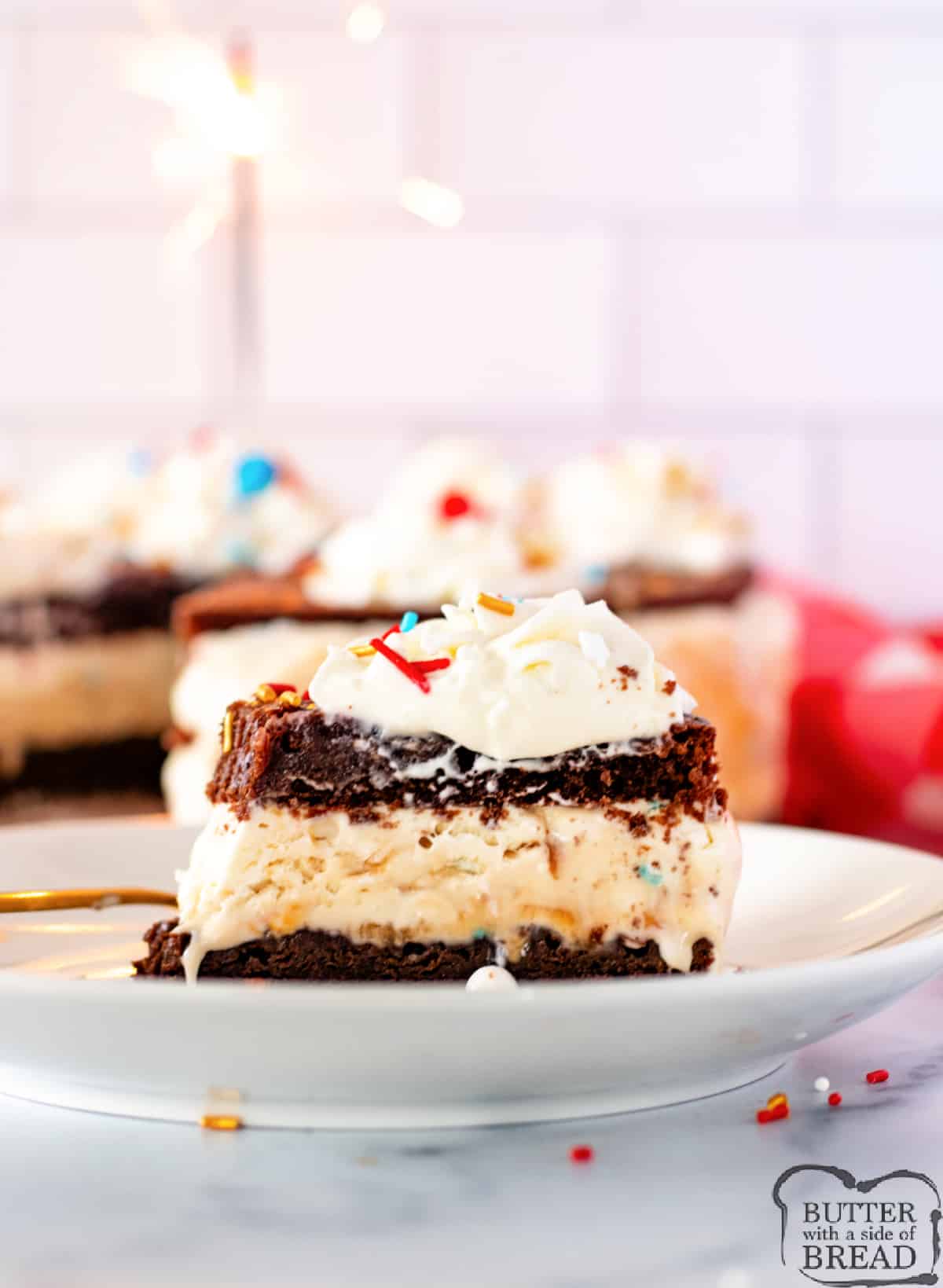 Caramel Brownie Ice Cream Cake is made with a simple homemade vanilla ice cream sandwiched between two layers of brownies. Caramel sauce is swirled into the ice cream to add even more flavor to this delicious frozen dessert.