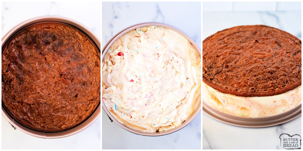 Assembling brownie ice cream cake. 