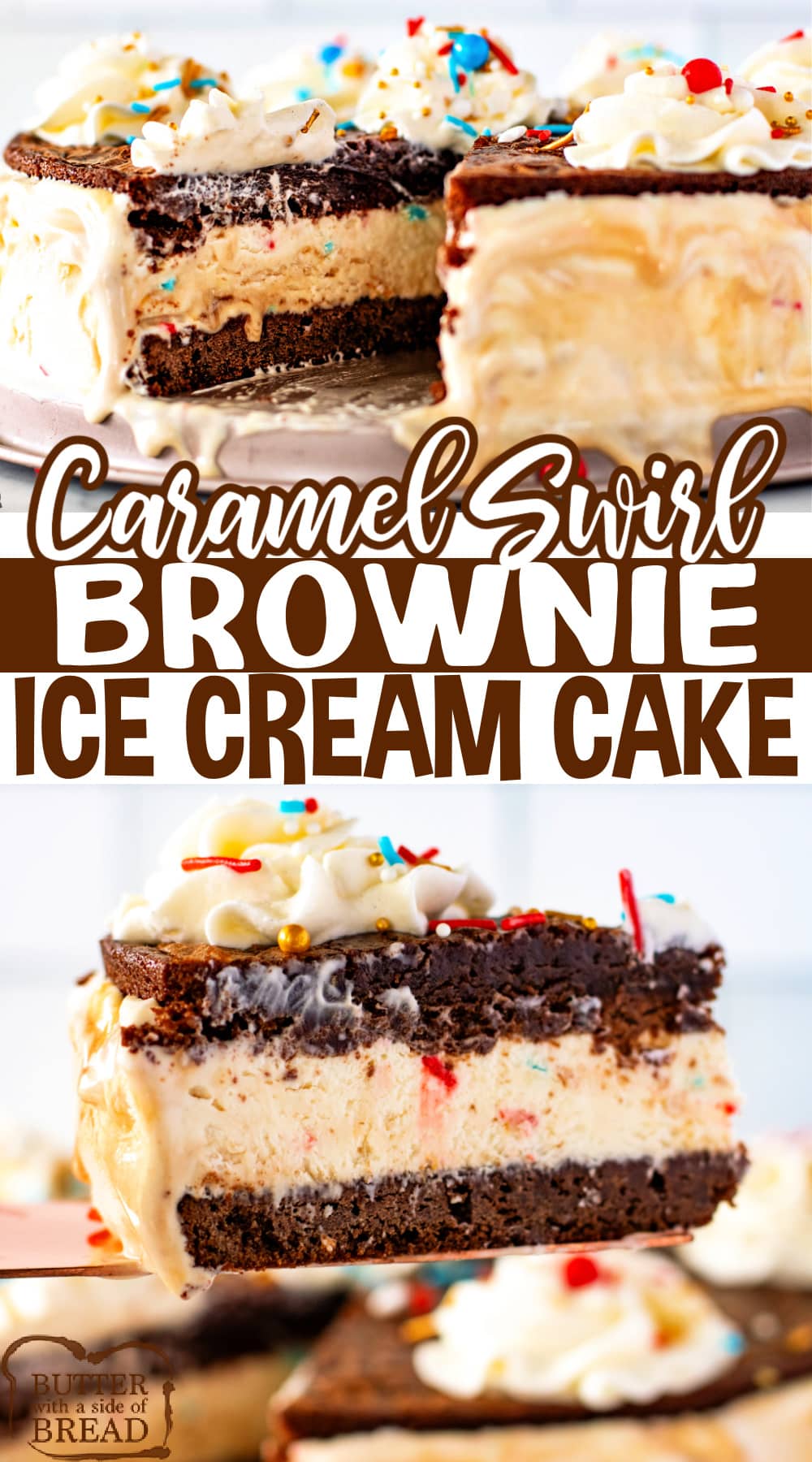 Caramel Brownie Ice Cream Cake is made with a simple homemade vanilla ice cream sandwiched between two layers of brownies. Caramel sauce is swirled into the ice cream to add even more flavor to this delicious frozen dessert.