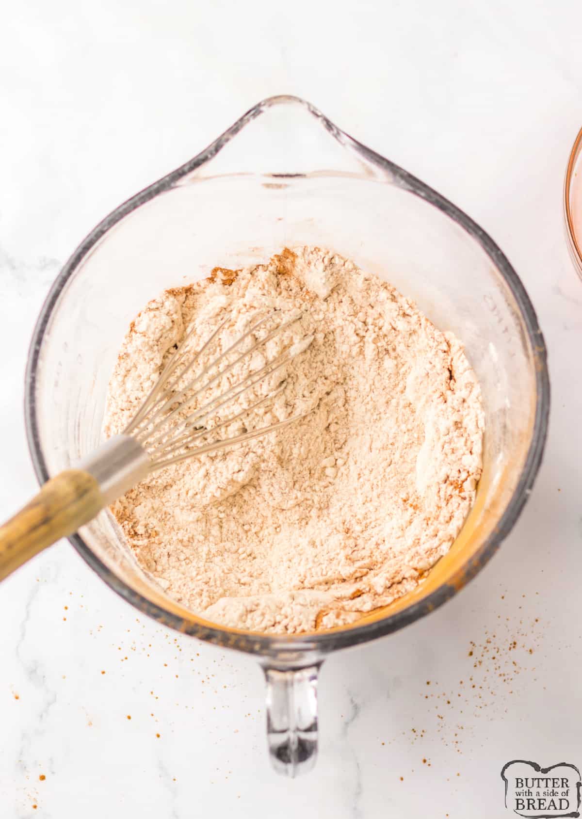 Dry ingredients mixed in bowl. 