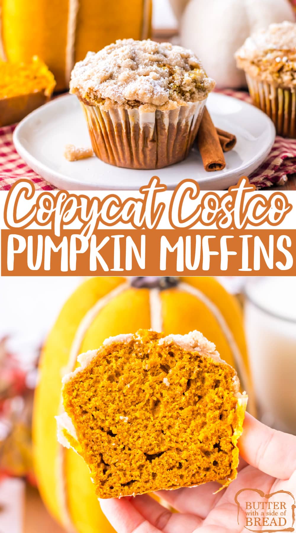 Copycat Costco Pumpkin Muffins are moist, flavorful, and topped with a crumb topping and powdered sugar. These are easy to make at home and are the best sweet treat for fall!