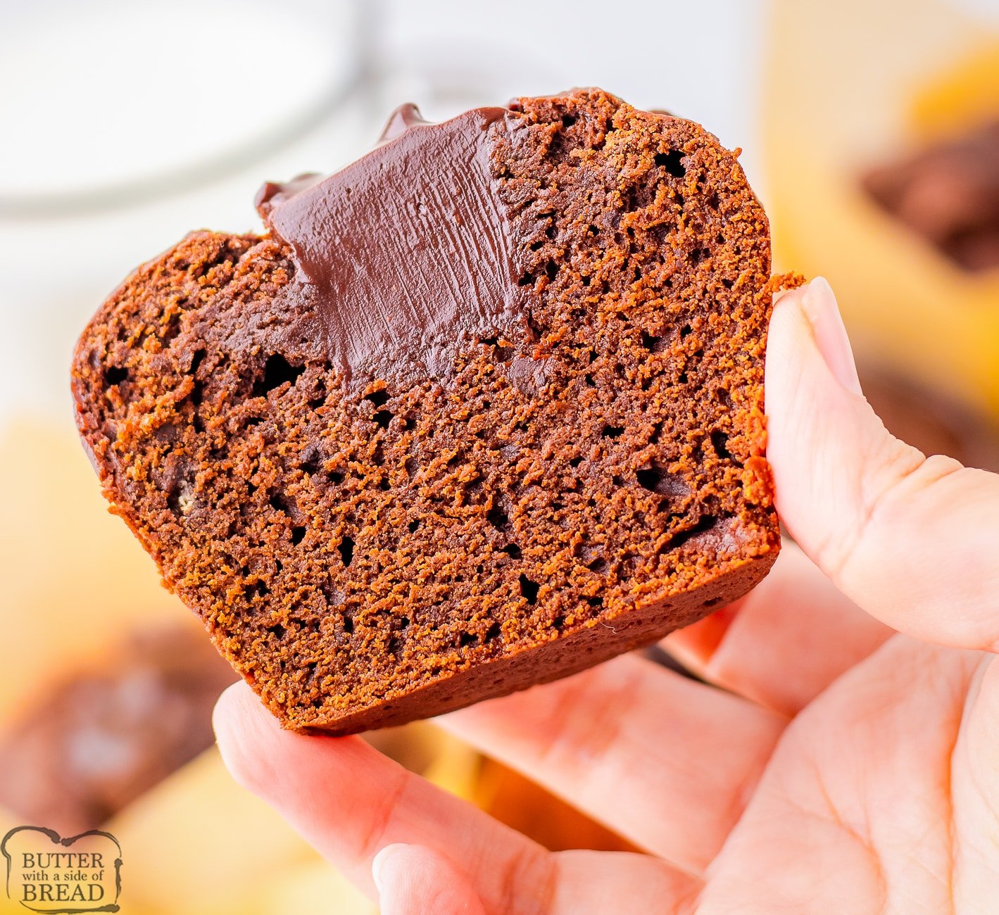 the inside of an Olympic Village chocolate muffin with chocolate ganache center