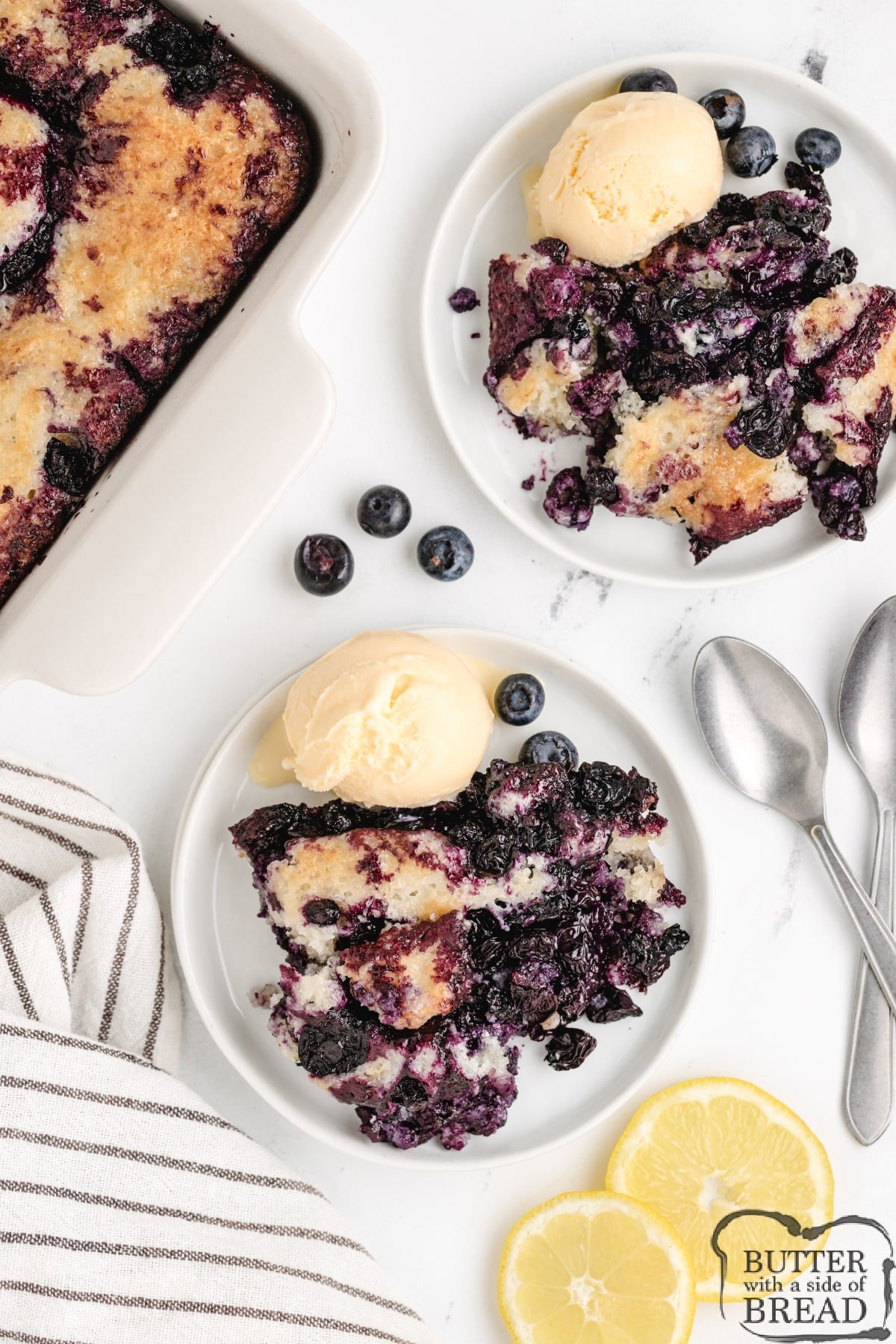 Blueberry cobbler with vanilla ice cream. 