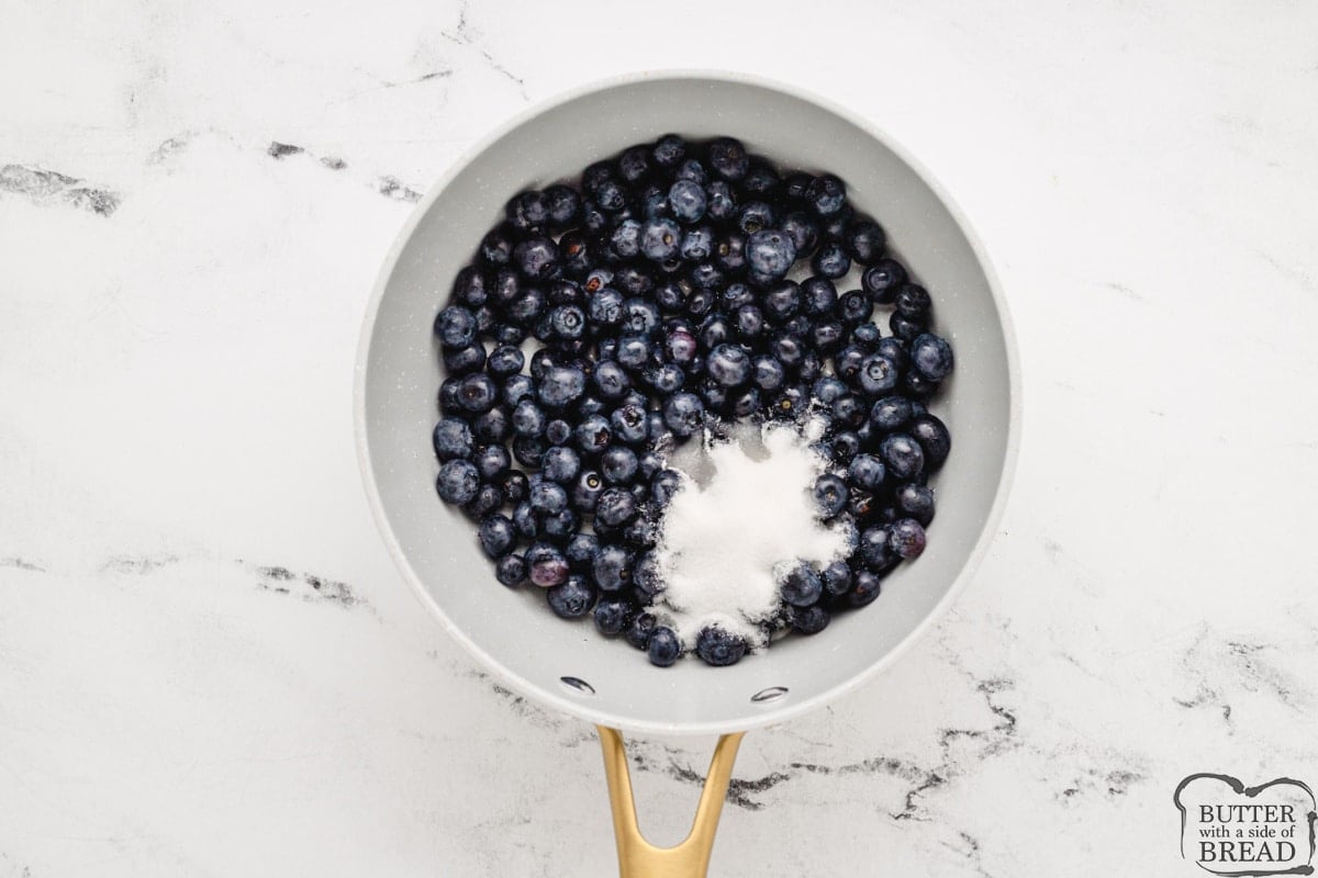 Blueberries, lemon juice, and sugar in a saucepan. 