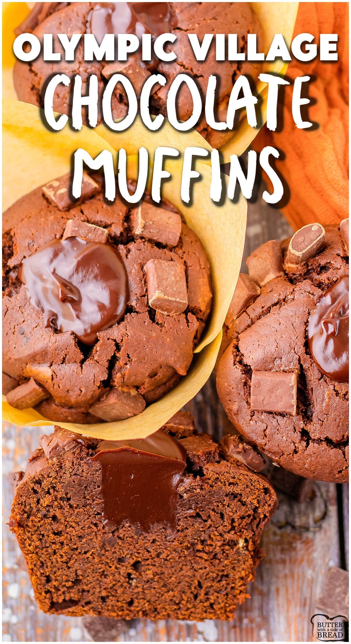 Copycat Olympic Village Chocolate Muffins win a gold medal for sure! Moist, decadent muffins with 3x the chocolate, just like they served at the Paris Olympics!