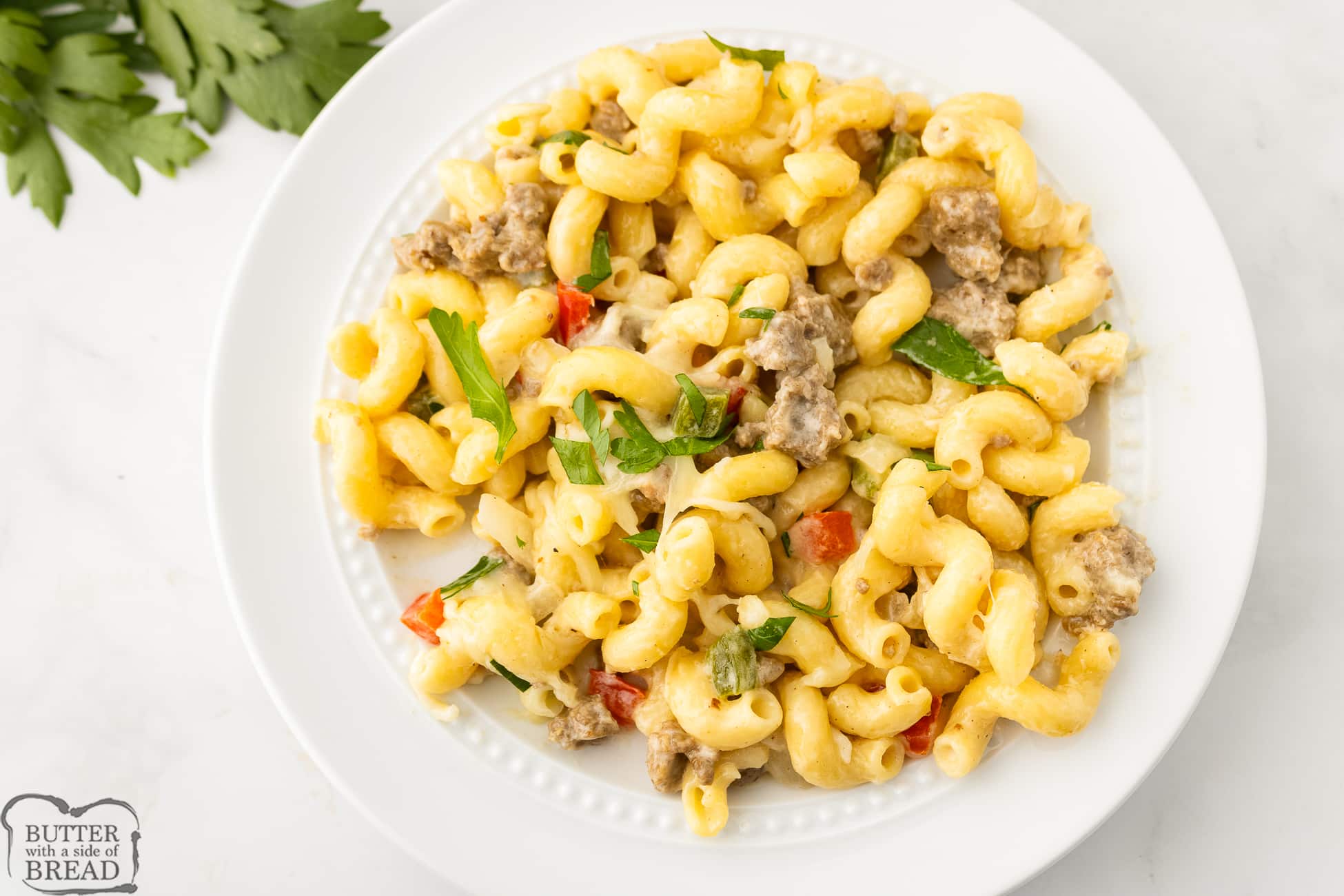 plateful of philly cheesesteak mac and cheese pasta