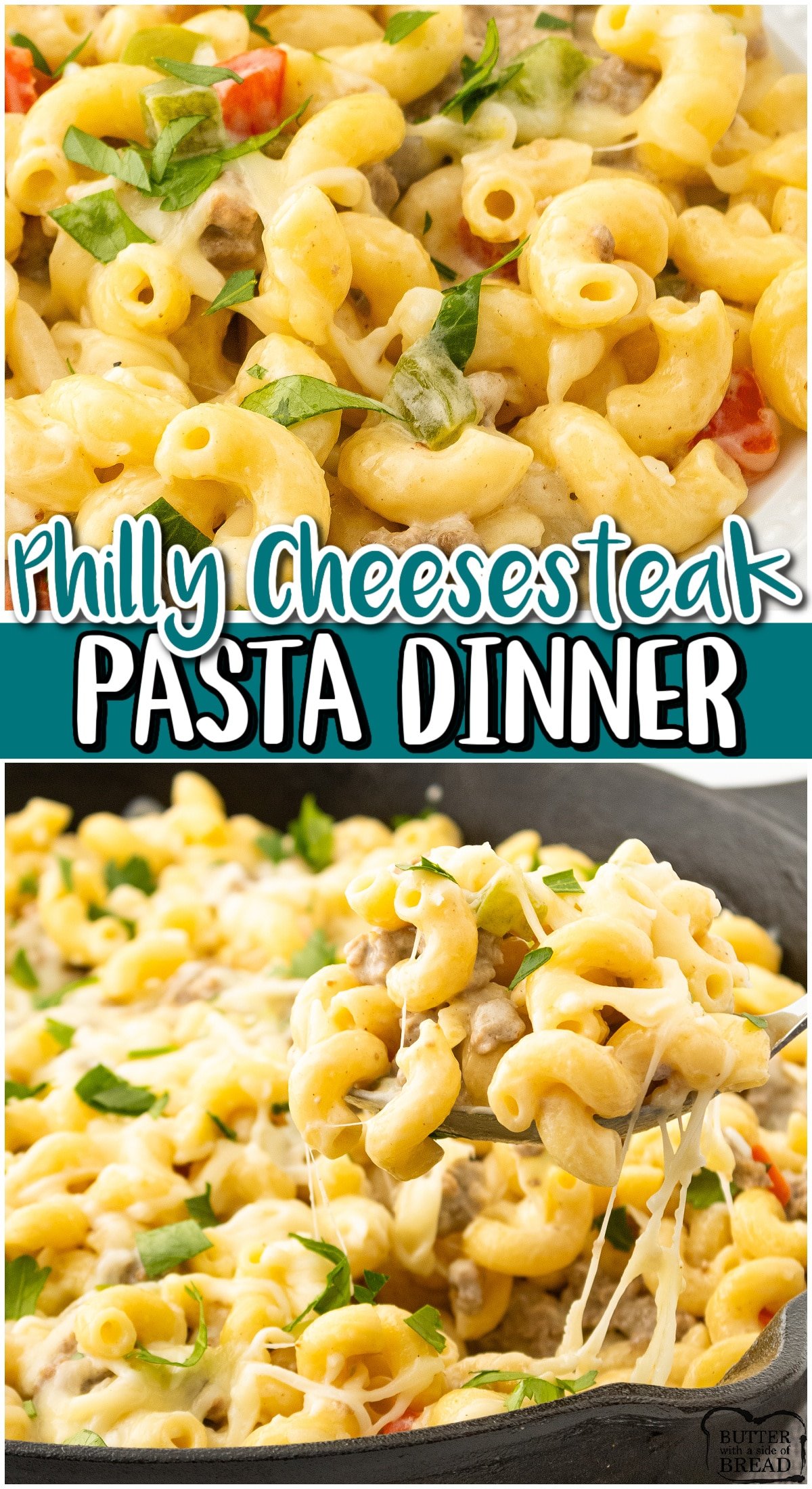 Philly Cheesesteak Pasta is a tasty homemade mac & cheese with fantastic beefy cheesesteak flavors! A light, savory sauce made with 2 cheeses & seasonings adds plenty of flavor to this pasta dinner.