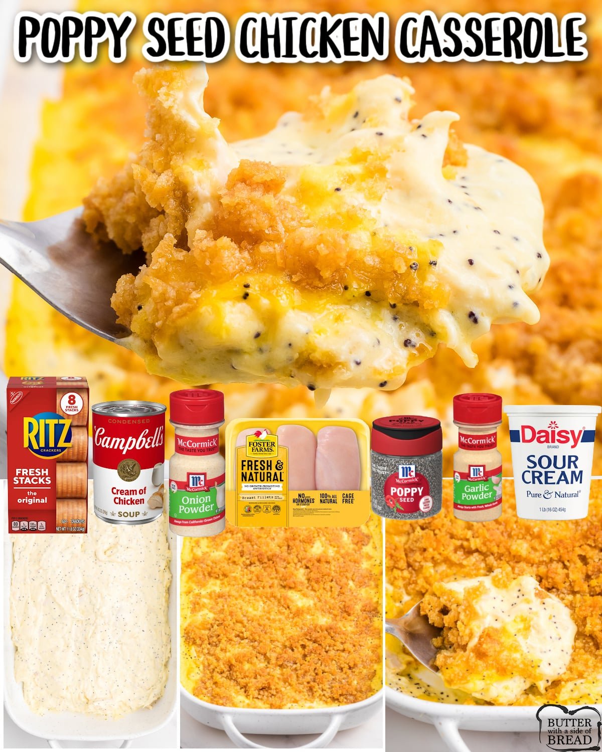 Poppy Seed Chicken Casserole made with shredded chicken, cheese, cream of chicken & poppy seeds, then topped with buttery crackers. This Ritz cracker chicken casserole is quick, easy & packed with incredible flavor!