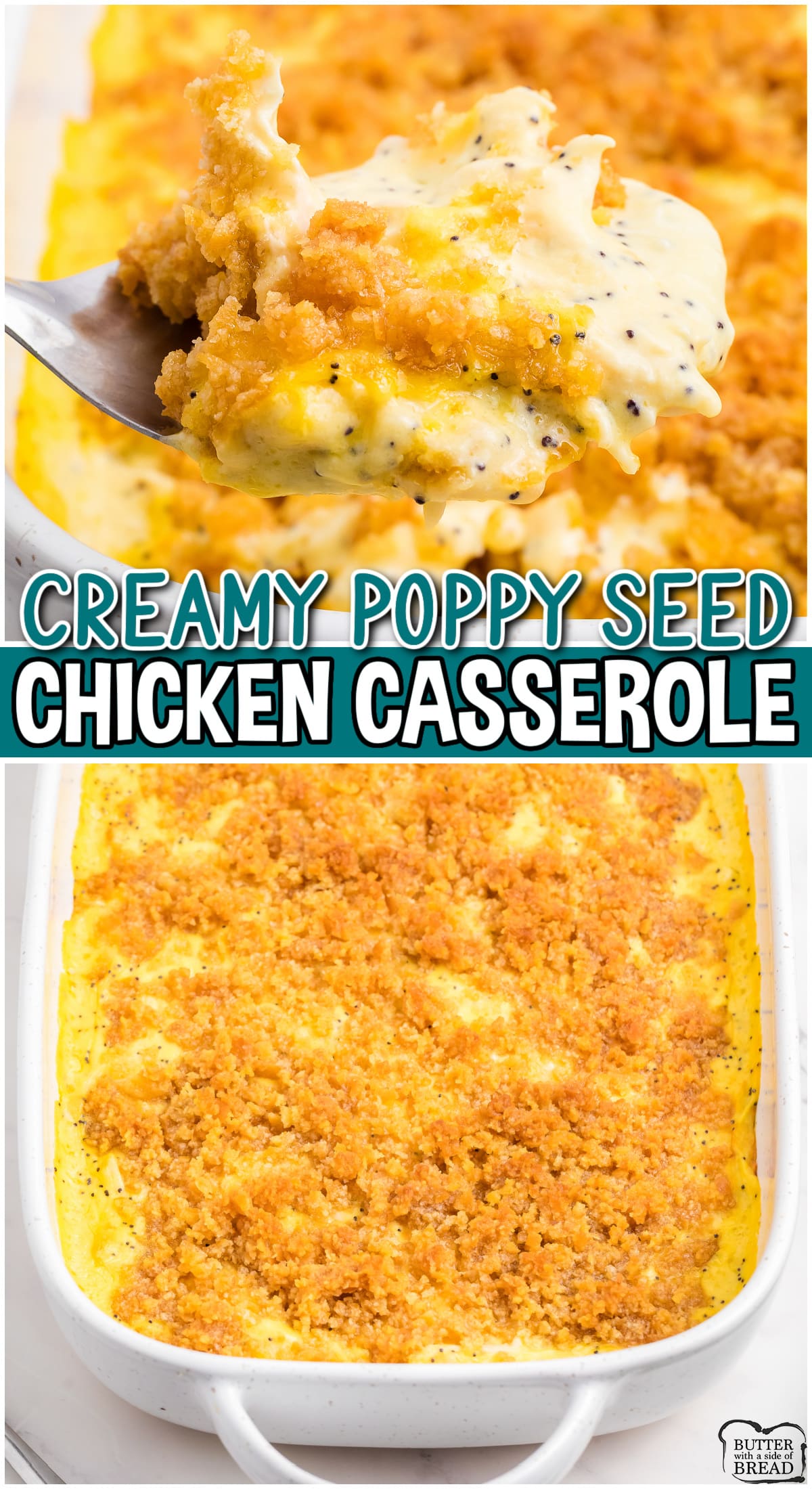 Poppy Seed Chicken Casserole made with shredded chicken, cheese, cream of chicken & poppy seeds, then topped with buttery crackers. This Ritz cracker chicken casserole is quick, easy & packed with incredible flavor!