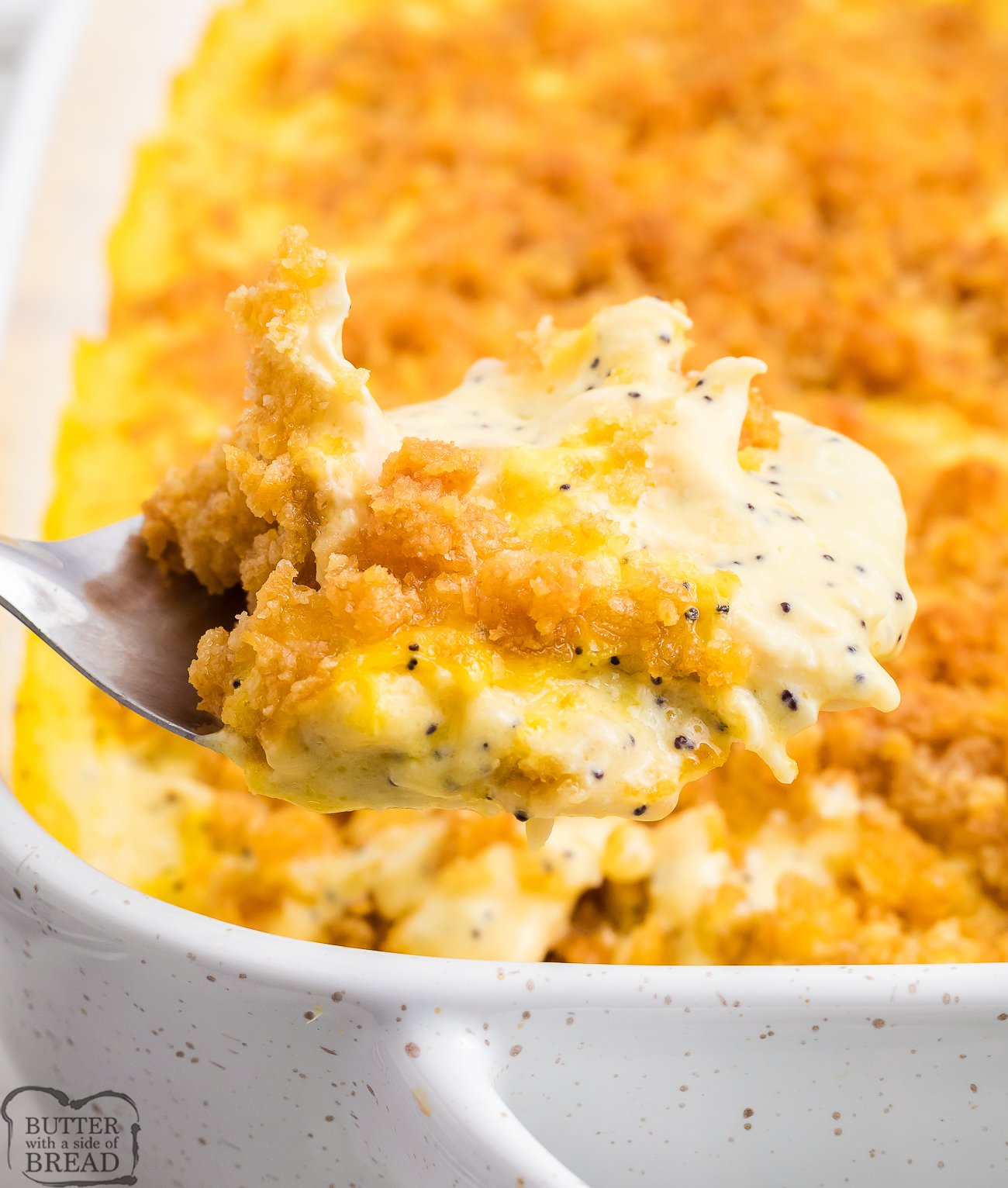 poppy seed casserole with Ritz crackers on top