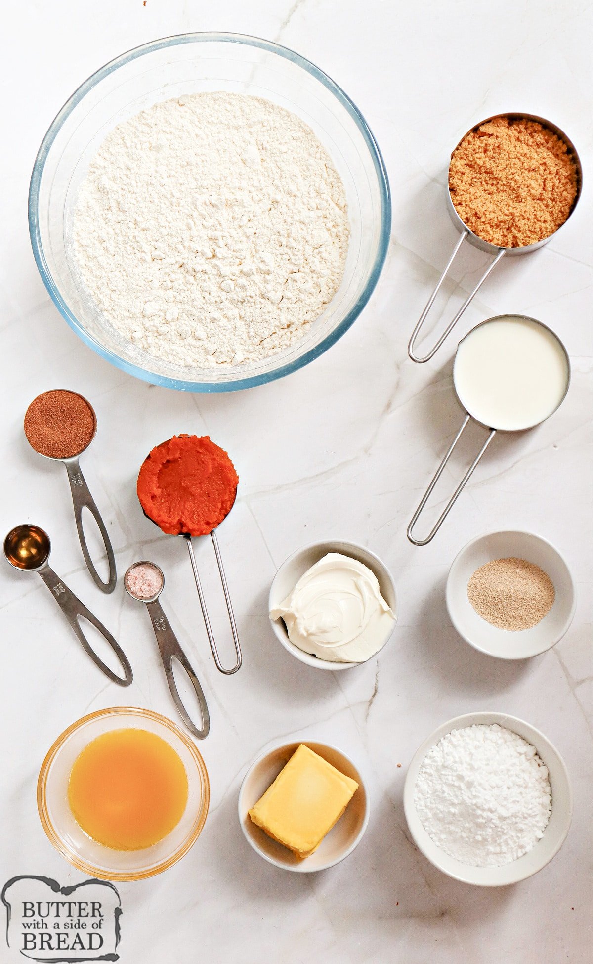 Ingredients in Homeade pumpkin cinnamon rolls. 