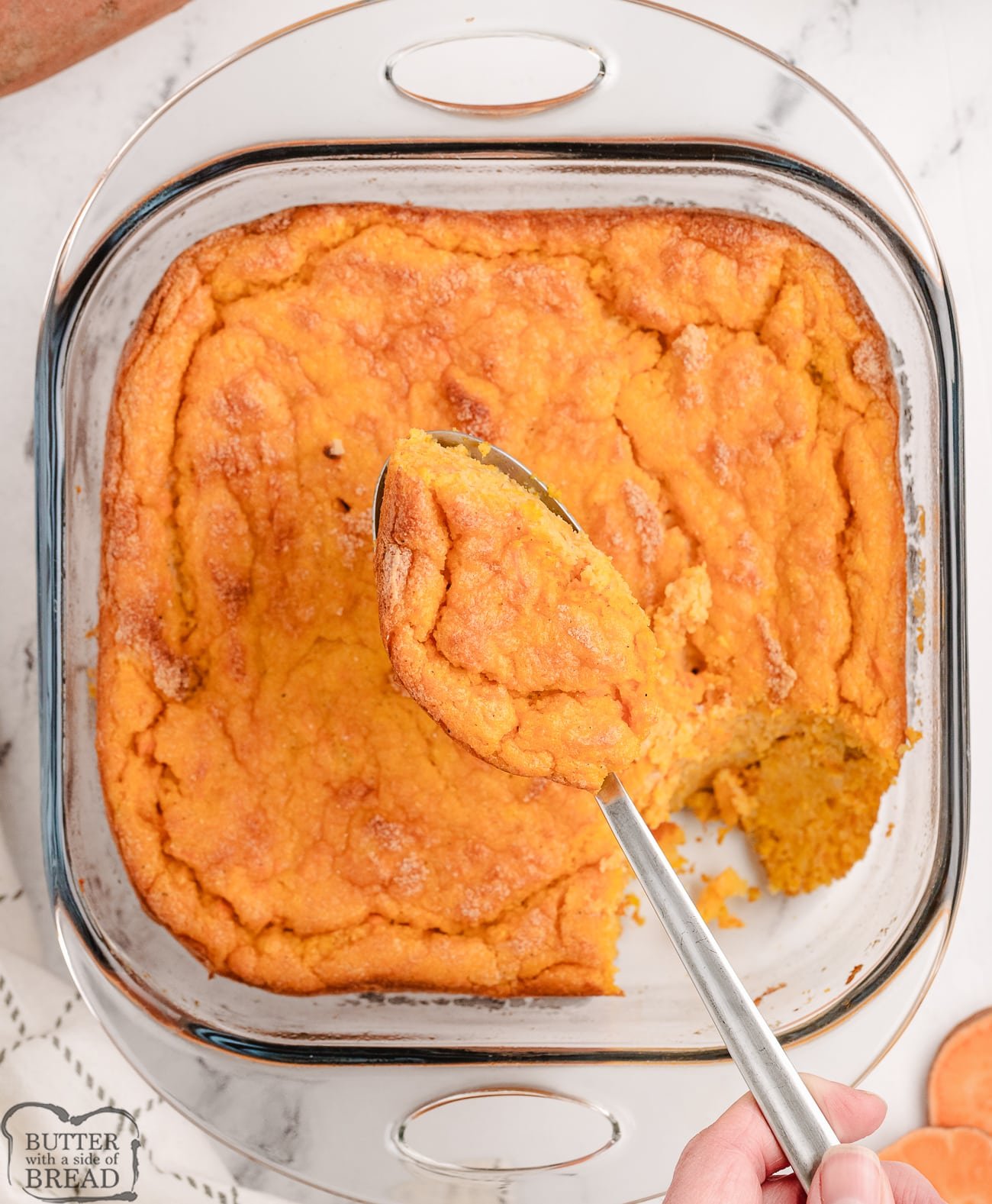 casserole dish with sweet potato spoon bread