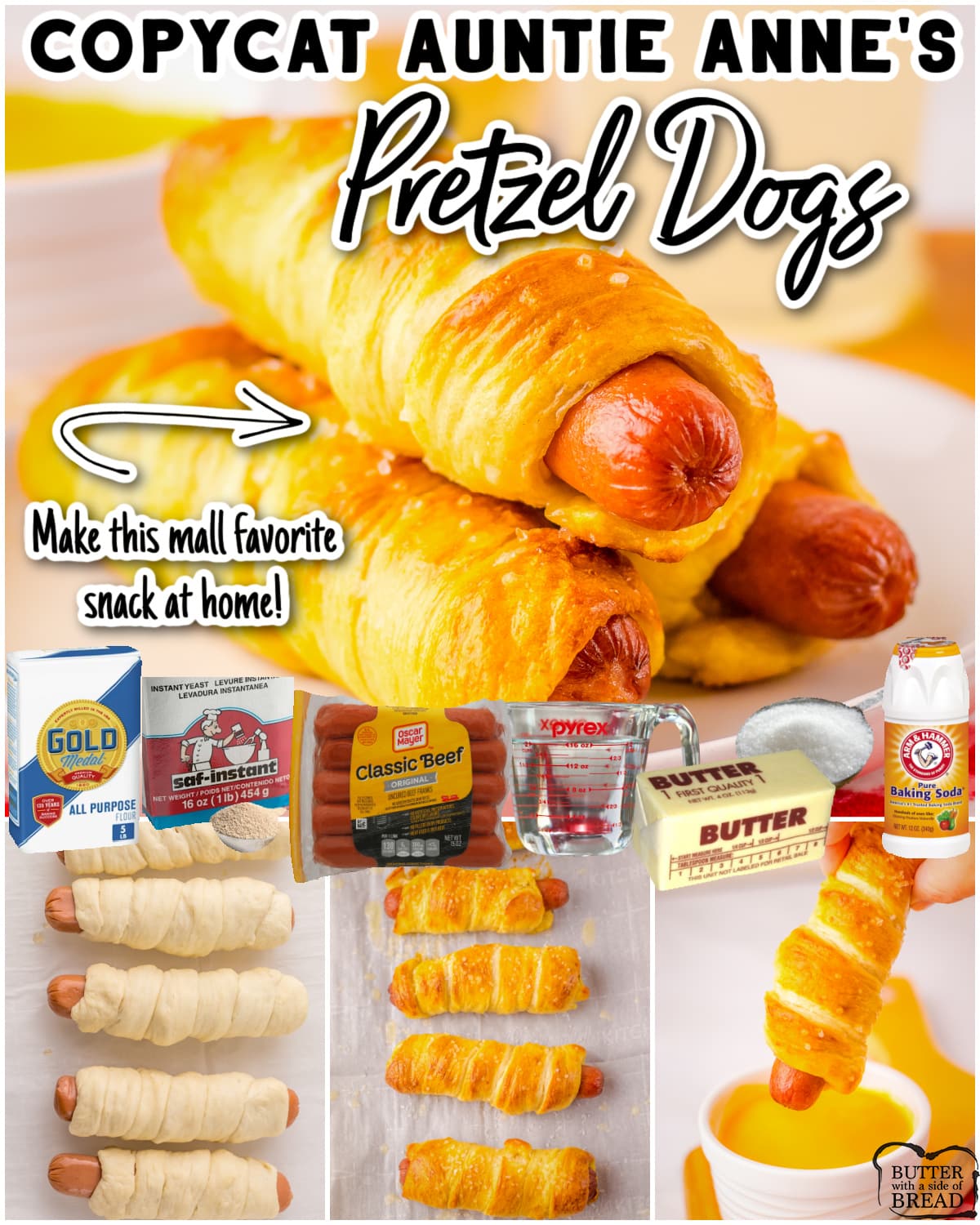 Copycat Auntie Anne’s Pretzel Dogs made at home with soft, buttery dough wrapped around all-beef hot dogs, just like your favorite mall snack! 