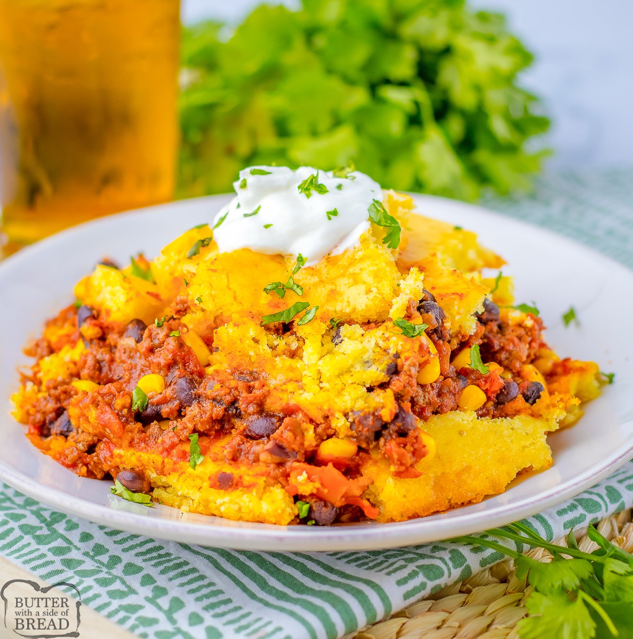 chili cornbread casserole on a plate