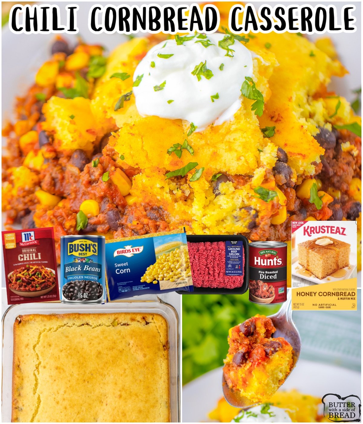 Chili Cornbread Casserole made easy with ground beef, onions, black beans, and tomatoes all topped with your favorite cornbread mix! Hearty, flavorful weeknight dinner that everyone loves!