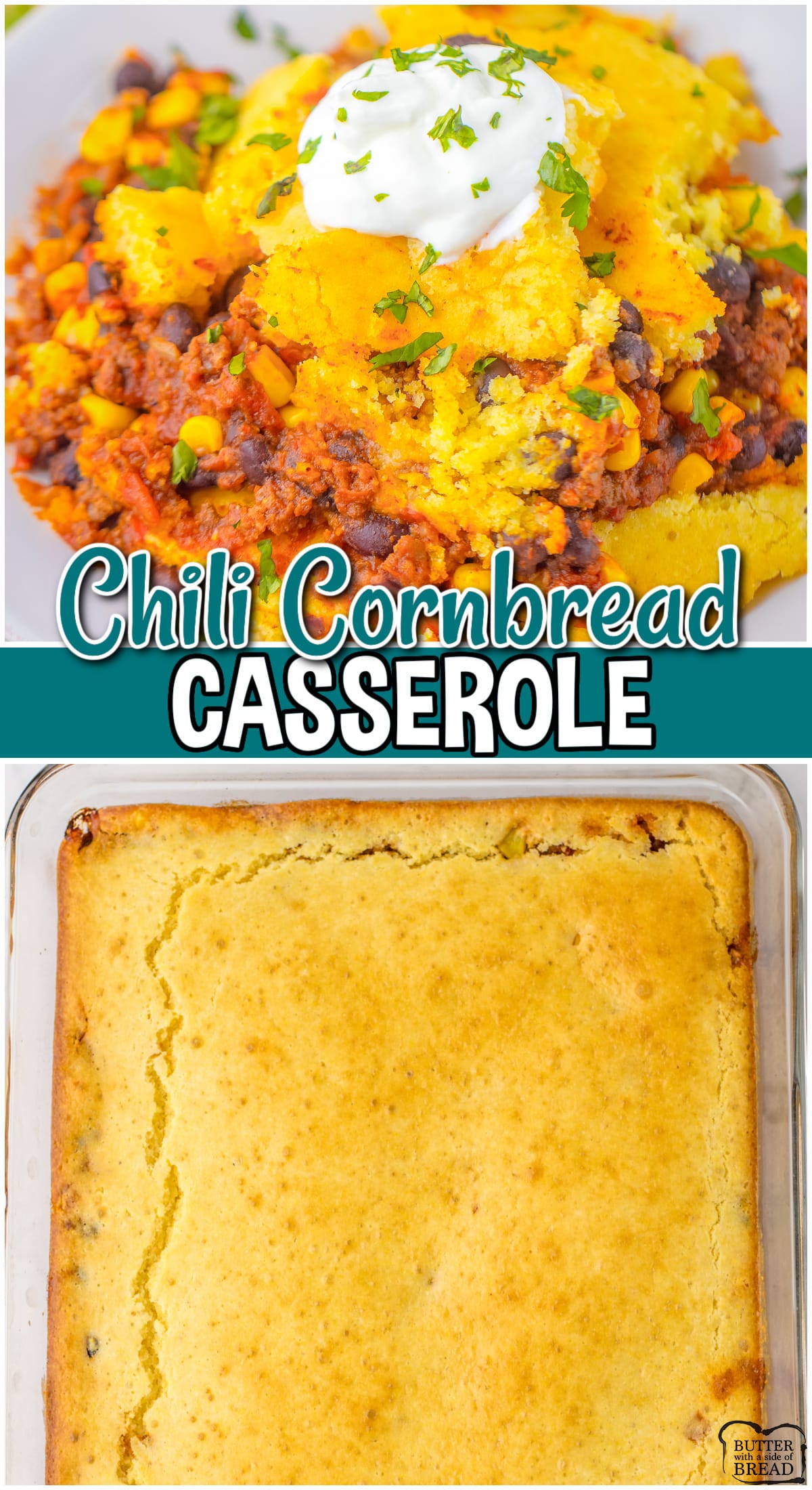 Chili Cornbread Casserole made easy with ground beef, onions, black beans, and tomatoes all topped with your favorite cornbread mix! Hearty, flavorful weeknight dinner that everyone loves!