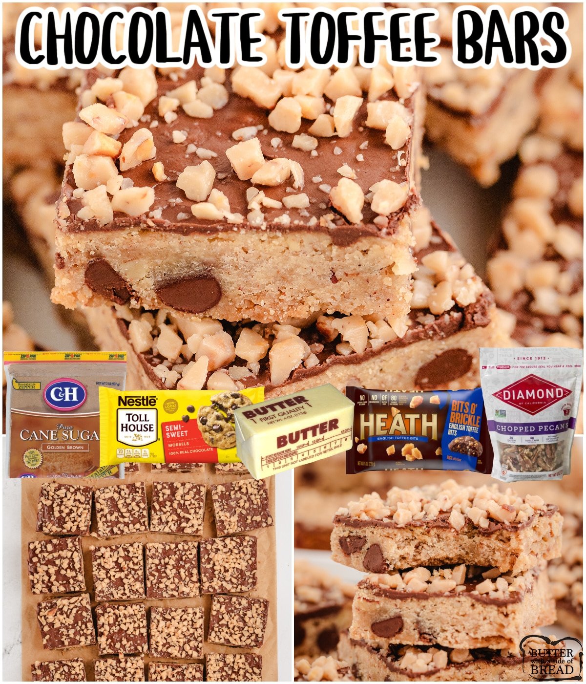 Chocolate Toffee Bars are a buttery cookie bar packed with chocolate, pecans and toffee bits! Fantastic dessert perfect for any occasion!