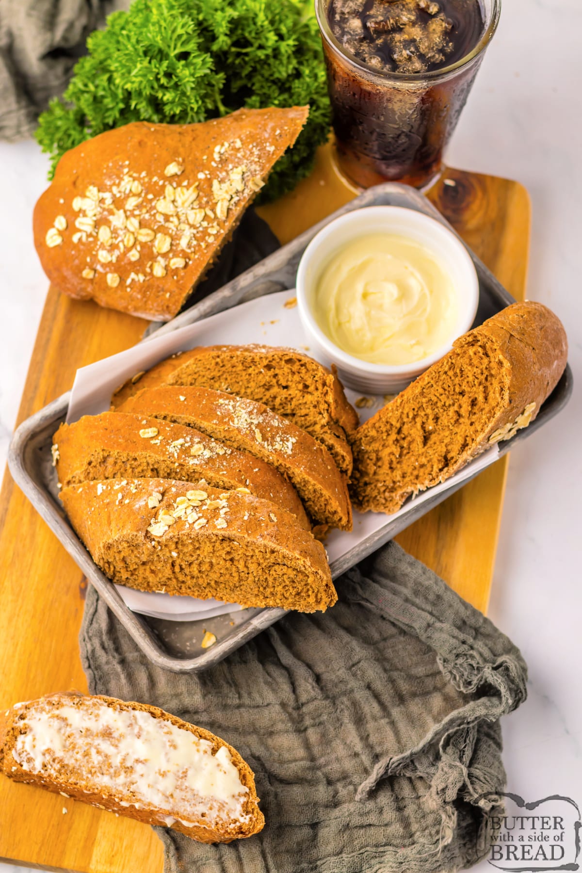 Copycat Cheesecake Factory Brown Bread is soft, chewy, and sweetened with brown sugar, molasses, and honey. This simple bread recipe is easy to make and is best served warm with a little bit of butter.