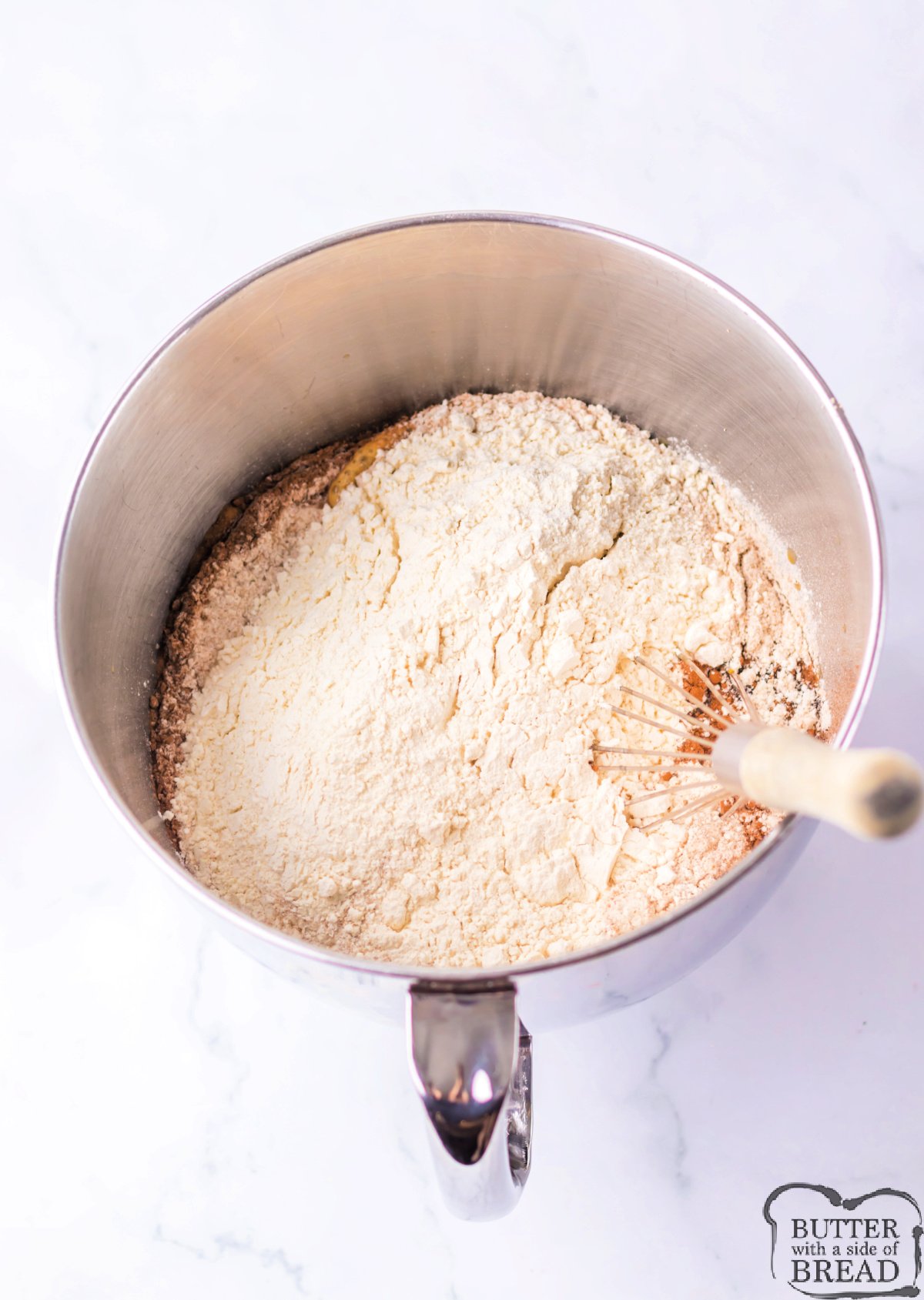 Add molasses, honey, butter, wheat flour, all-purpose flour, and cocoa powder to yeast mixture.