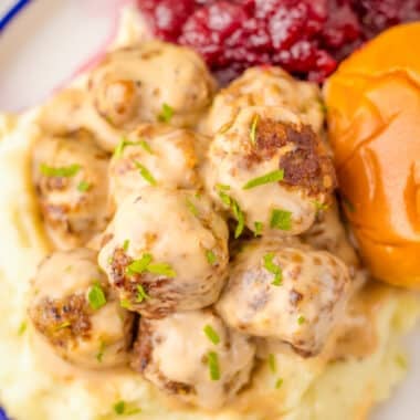 plateful of Homemade IKEA Swedish meatballs with lingonberry jam & mashed potatoes