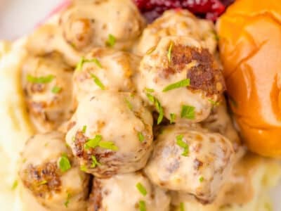 plateful of Homemade IKEA Swedish meatballs with lingonberry jam & mashed potatoes